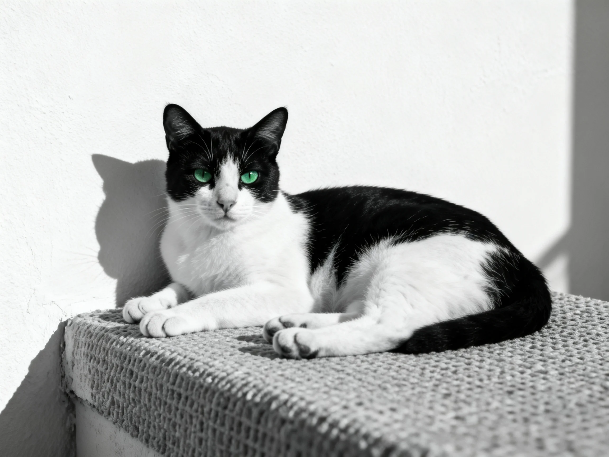 A black - and - white cat with green eyes relaxes on a textured ledge near a white wall