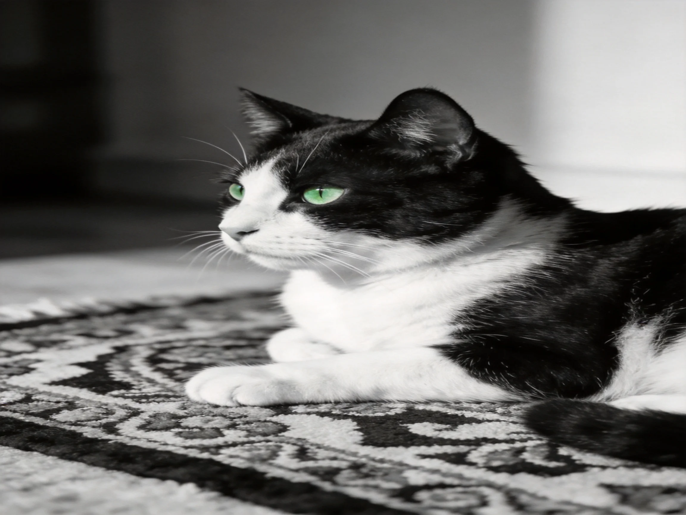 A black - and - white cat with green eyes lies calmly on a patterned rug.