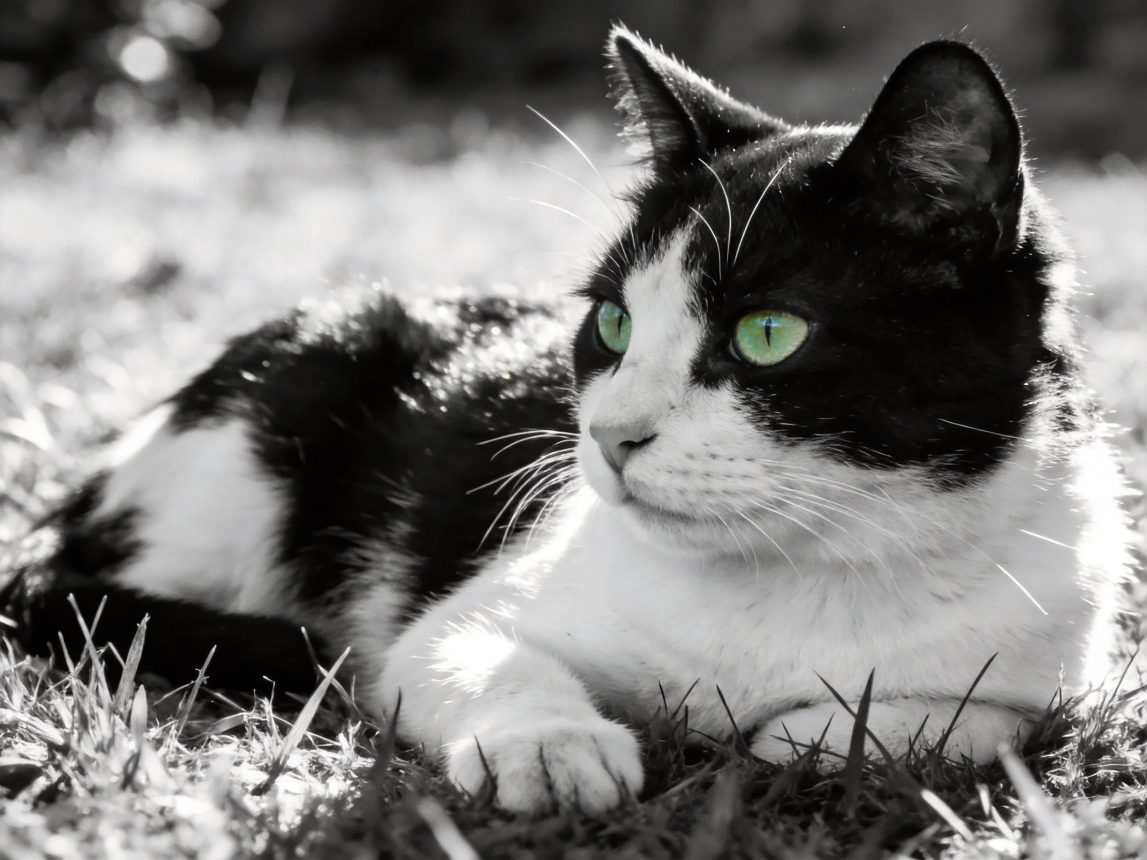 A black - and - white cat with vivid green eyes relaxes on grass.