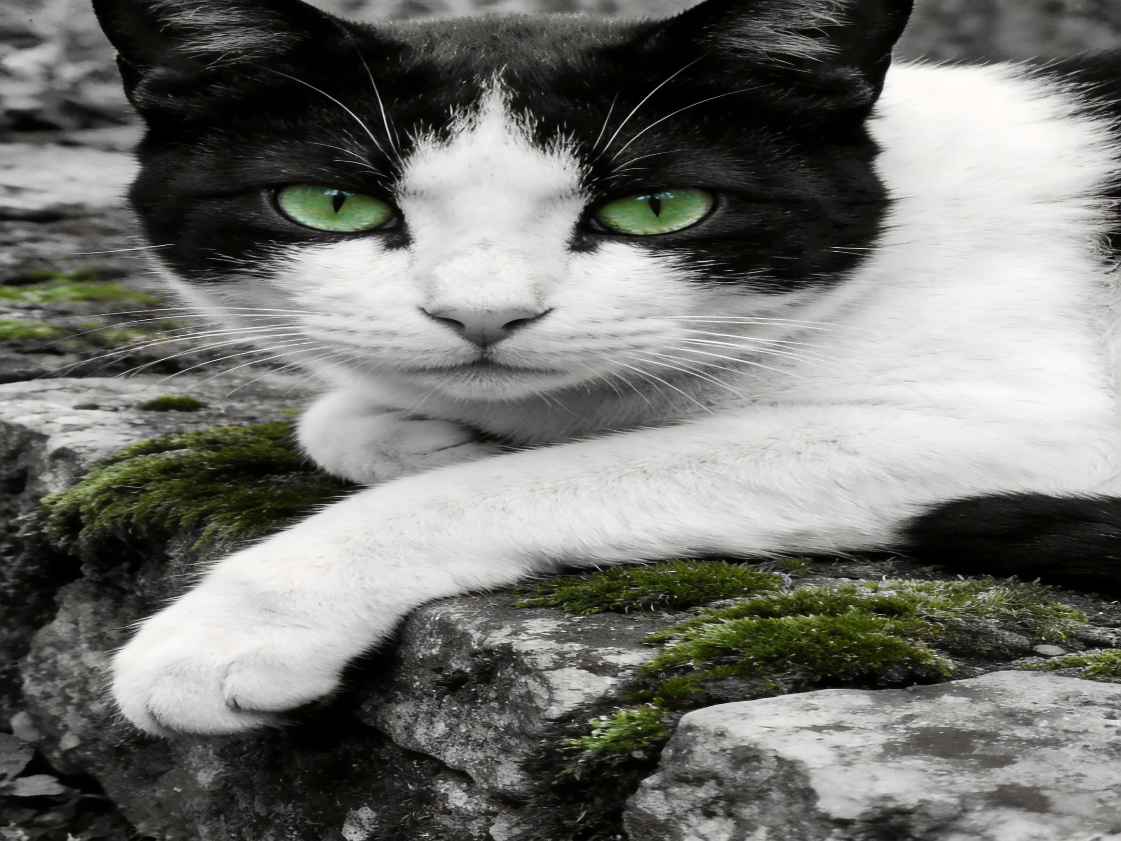 A black - and - white cat with vivid green eyes relaxes on moss - covered stone surfaces.