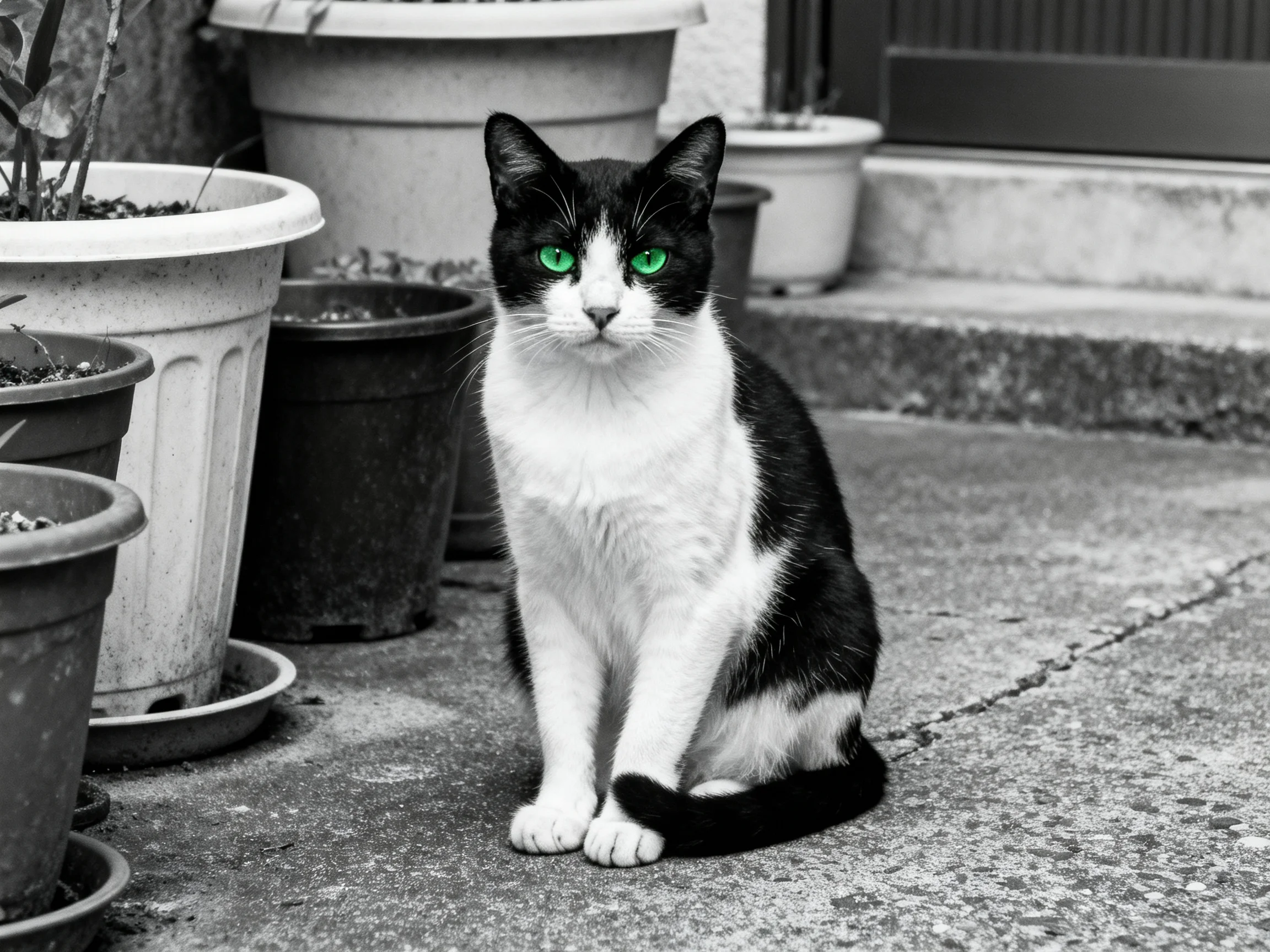 A black - and - white cat with striking green eyes sits near various potted plants.