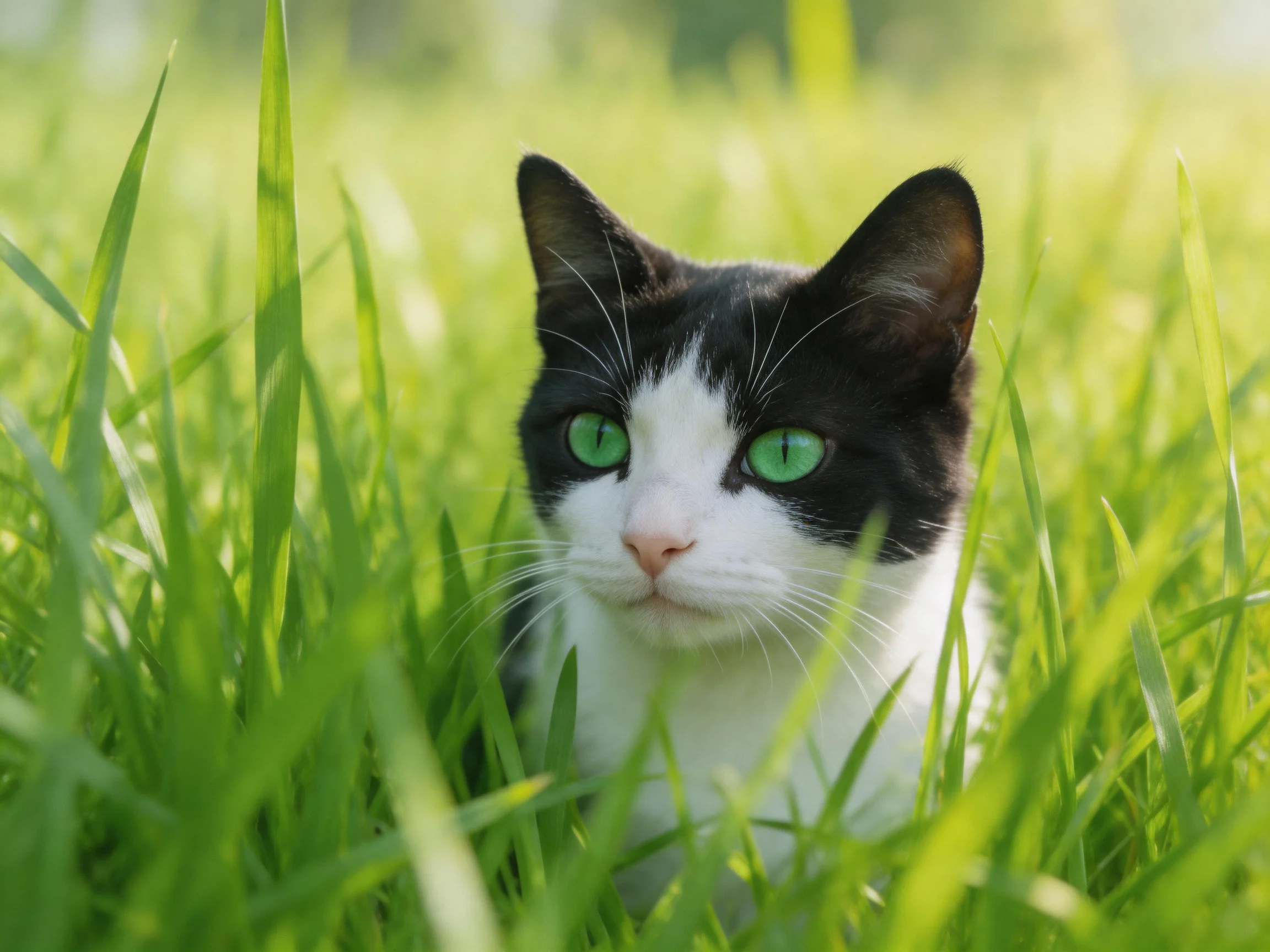 A black - and - white cat with green eyes is in lush green grass.
