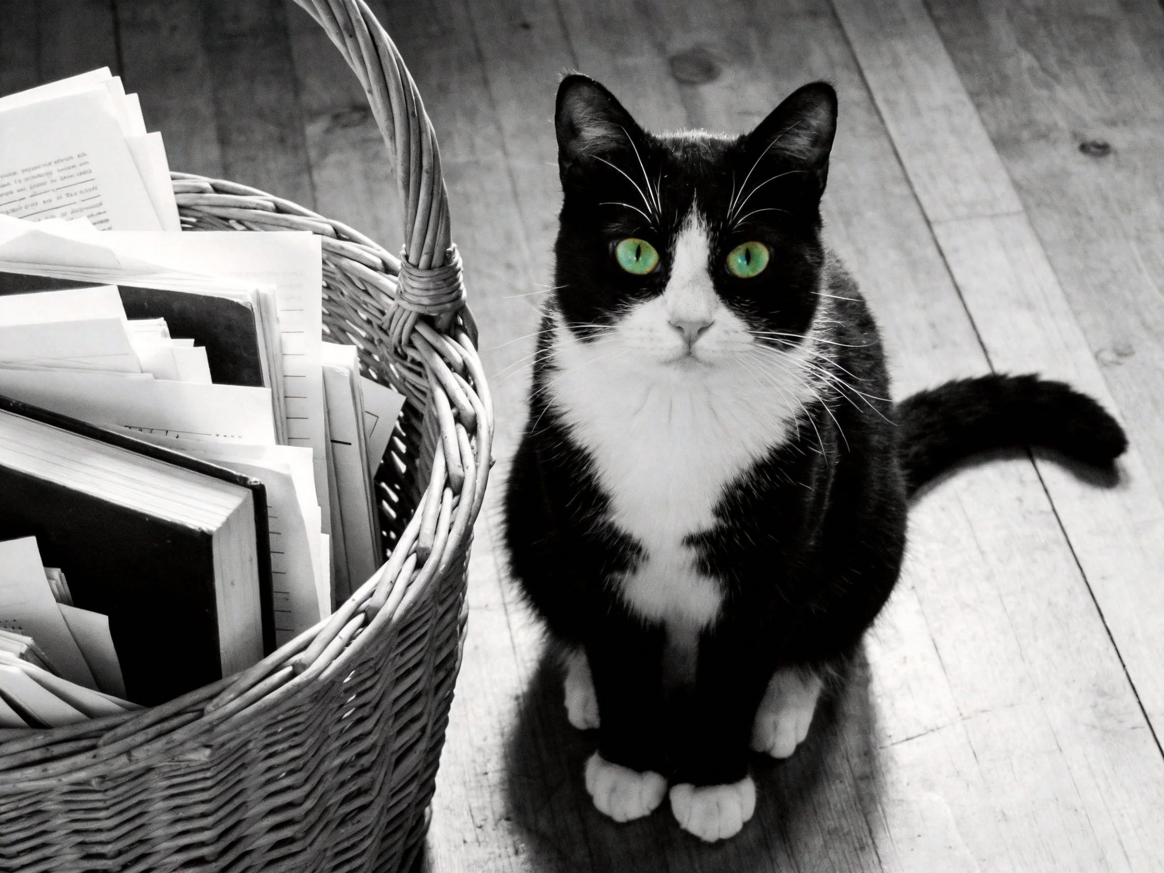 A black - and - white cat with green eyes sits near a basket of books.