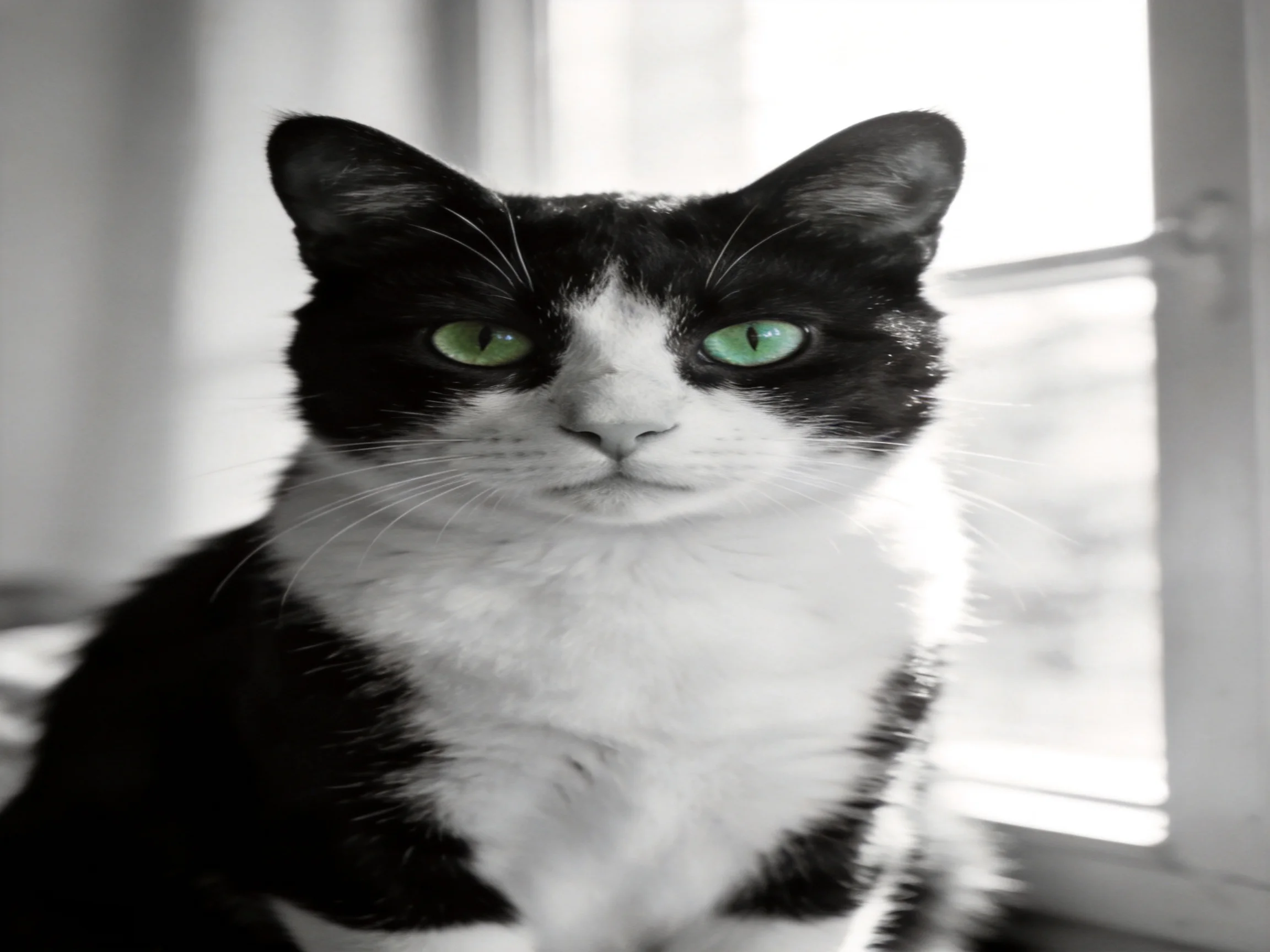 A black - and - white cat with green eyes sits near a window.