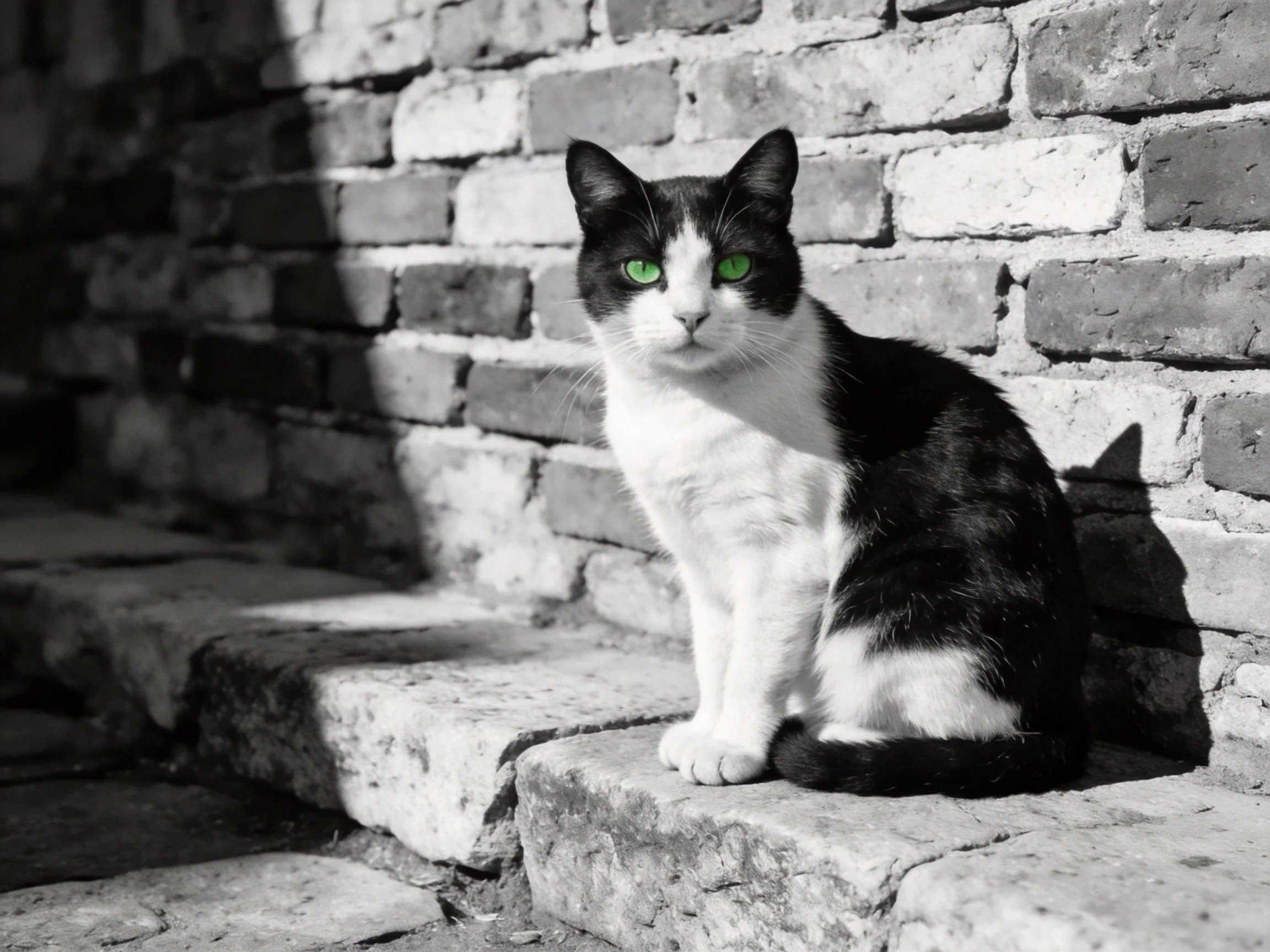 A black - and - white cat with green eyes rests near a weathered brick wall.