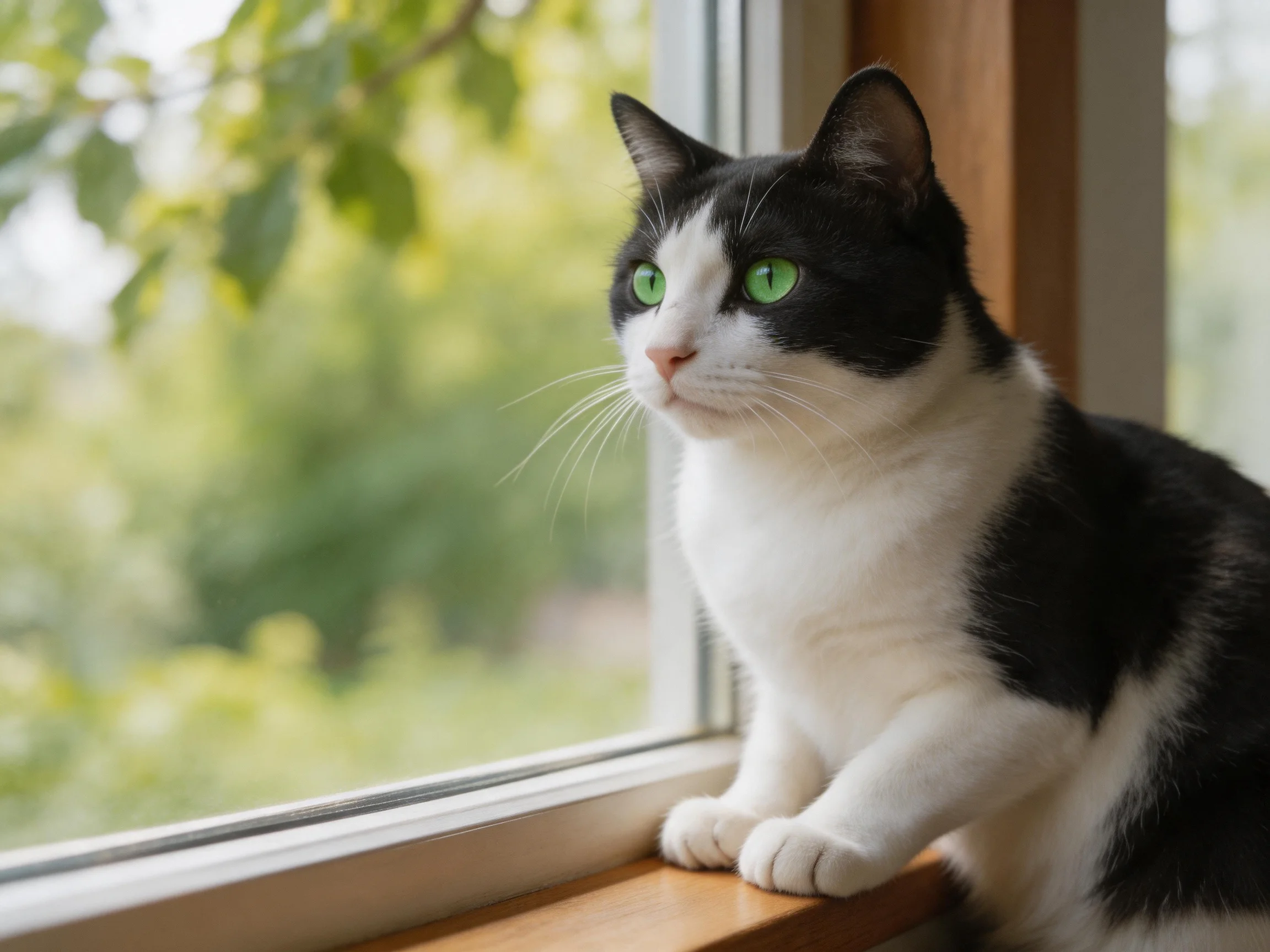 A black - and - white cat with green eyes rests near a window with a green outdoor view.