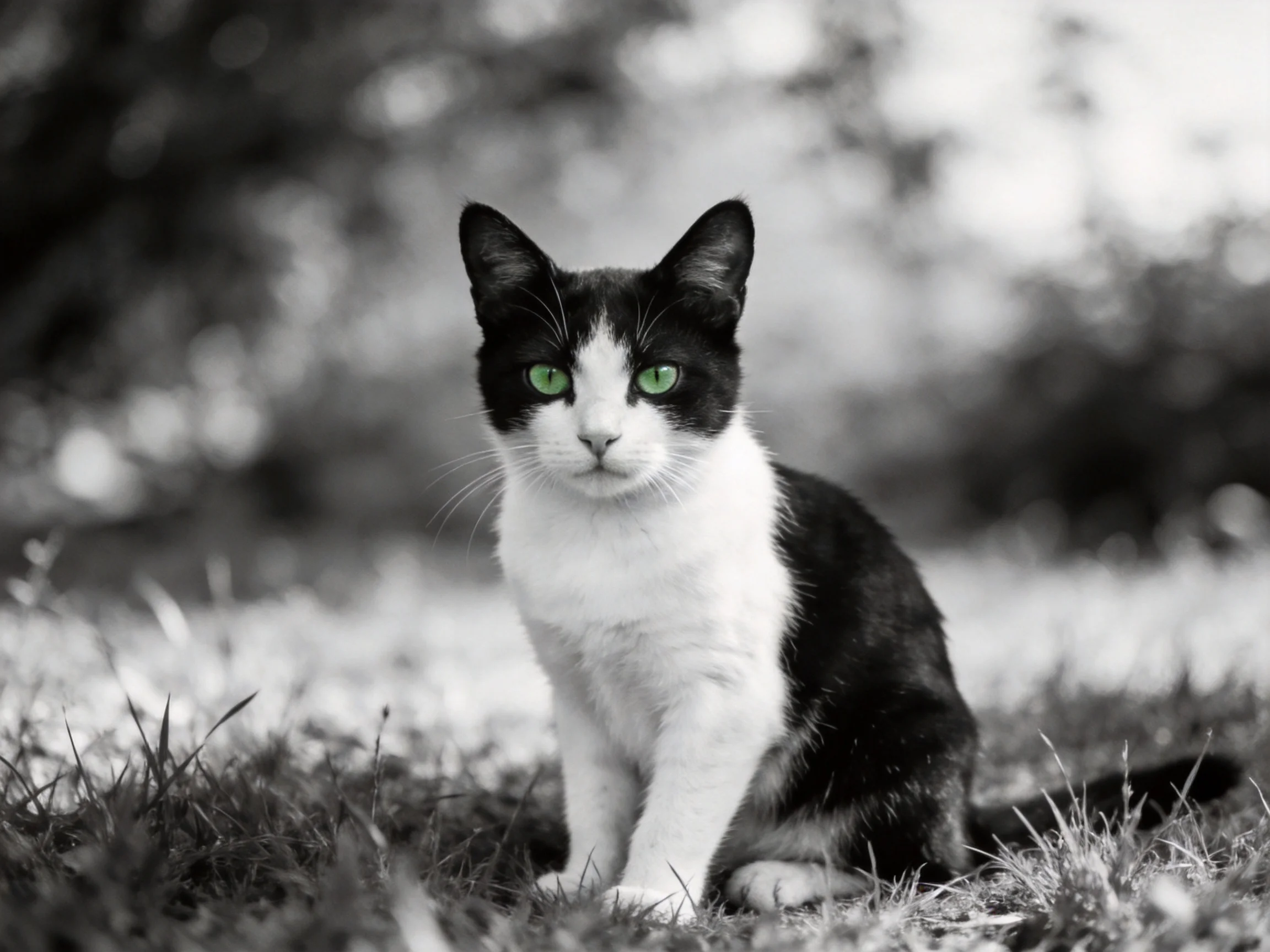 A black - and - white cat with vivid green eyes sits in an outdoor environment.