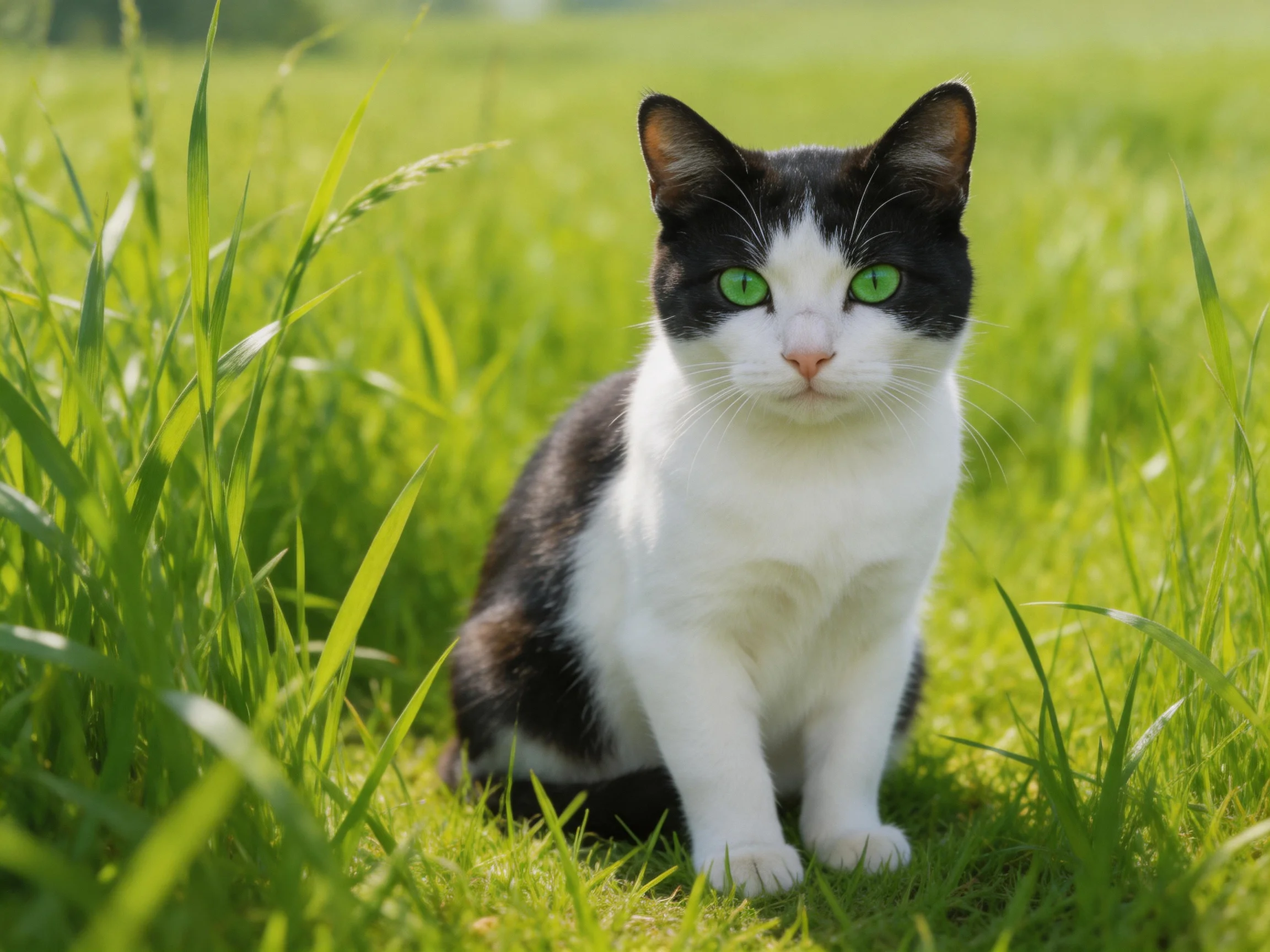 A black - and - white cat with green eyes sits in a sunlit grassy area.