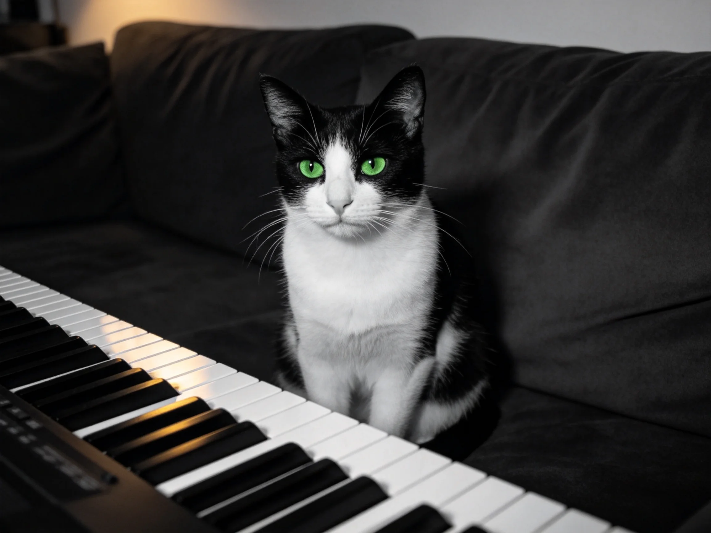 A black - and - white cat with green eyes sits beside piano keys on a dark sofa.