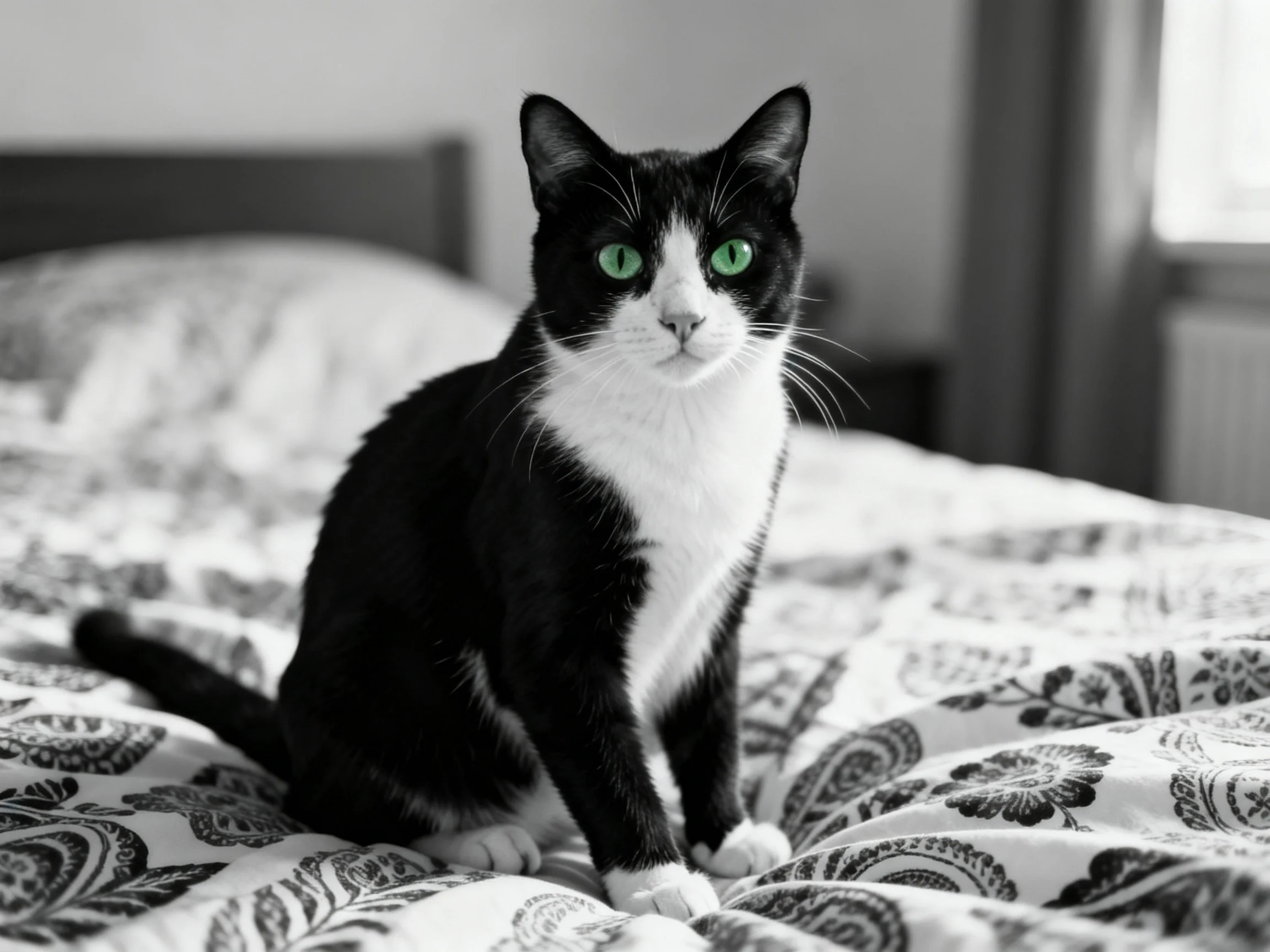 A black - and - white cat with vivid green eyes rests on a decorated bed.
