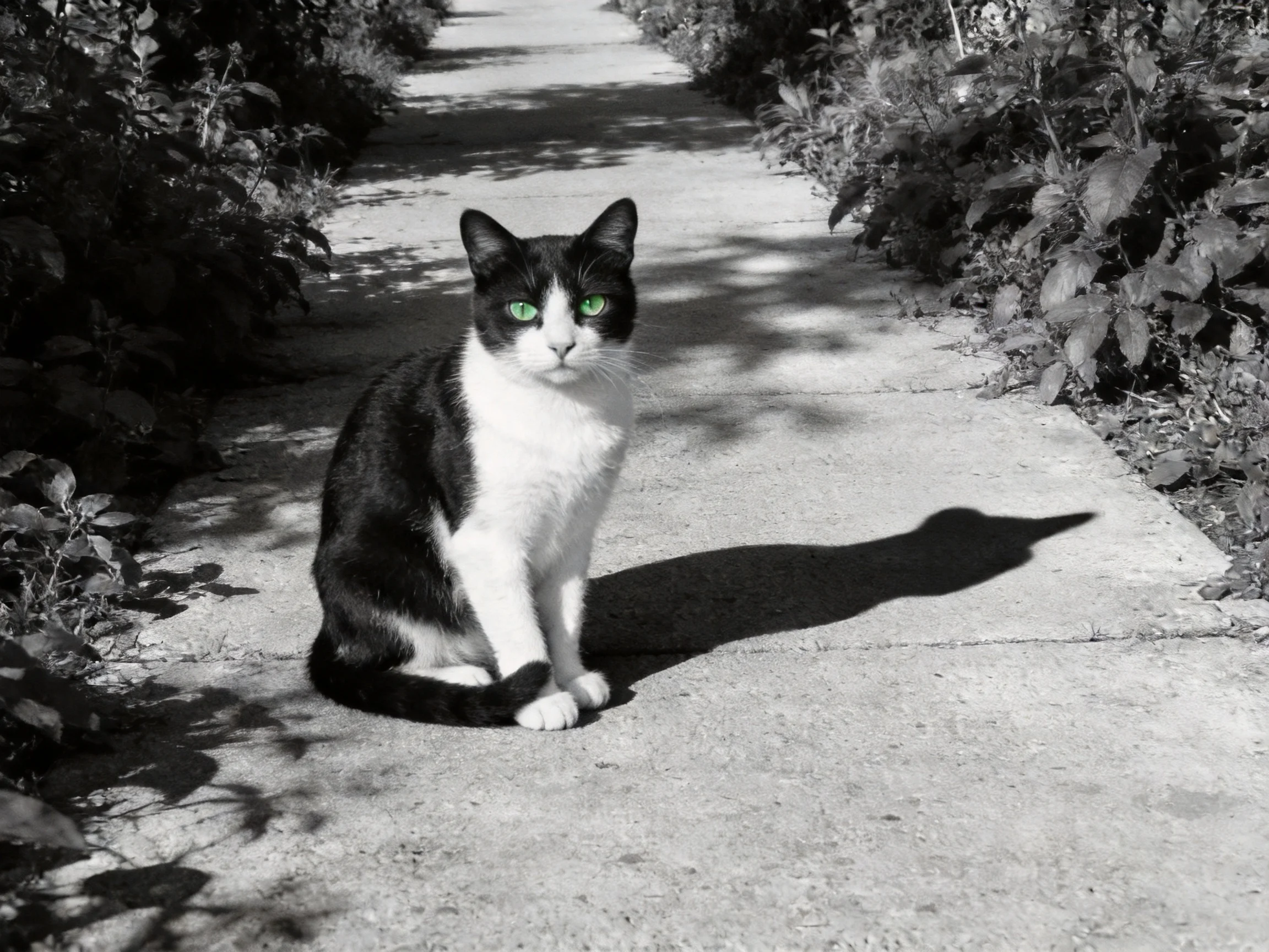 A black - and - white cat with green eyes sits on a shaded concrete path.