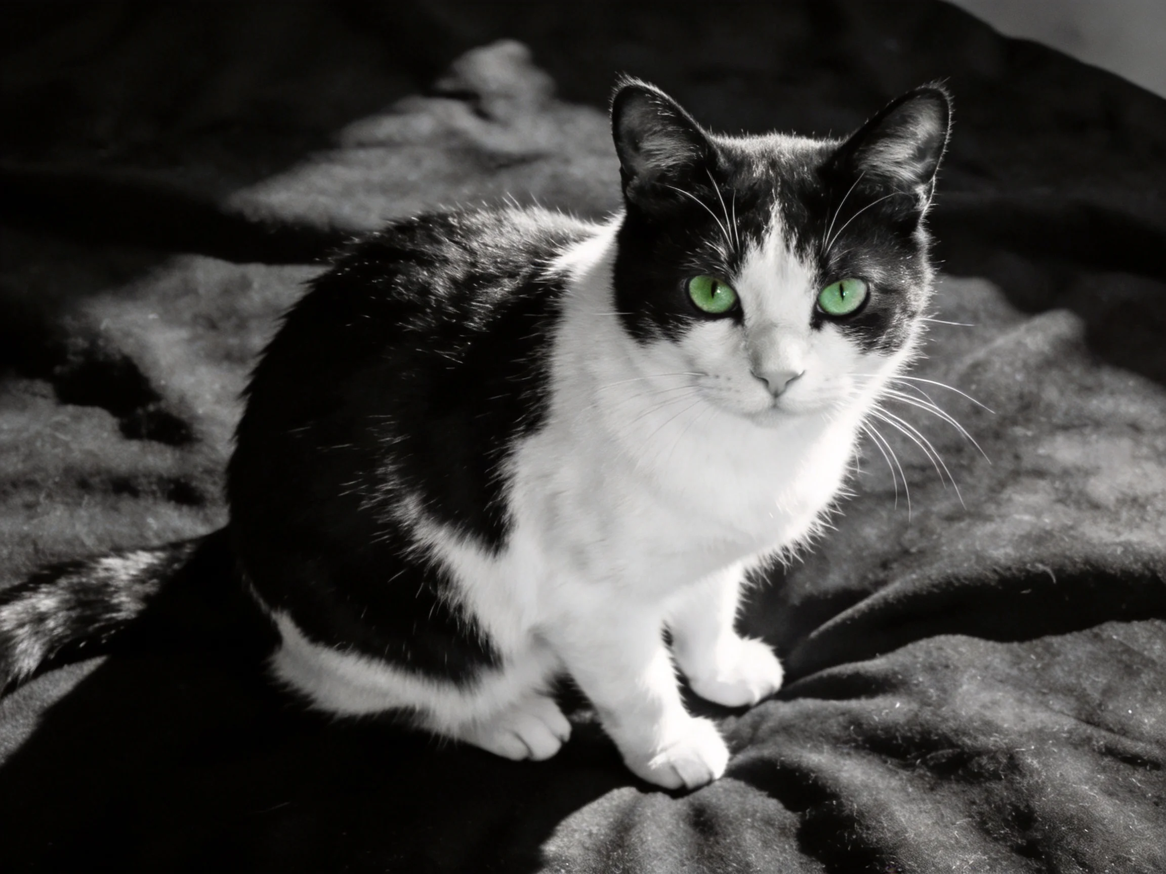 A black - and - white cat with bright green eyes rests on a soft, dark fabric.