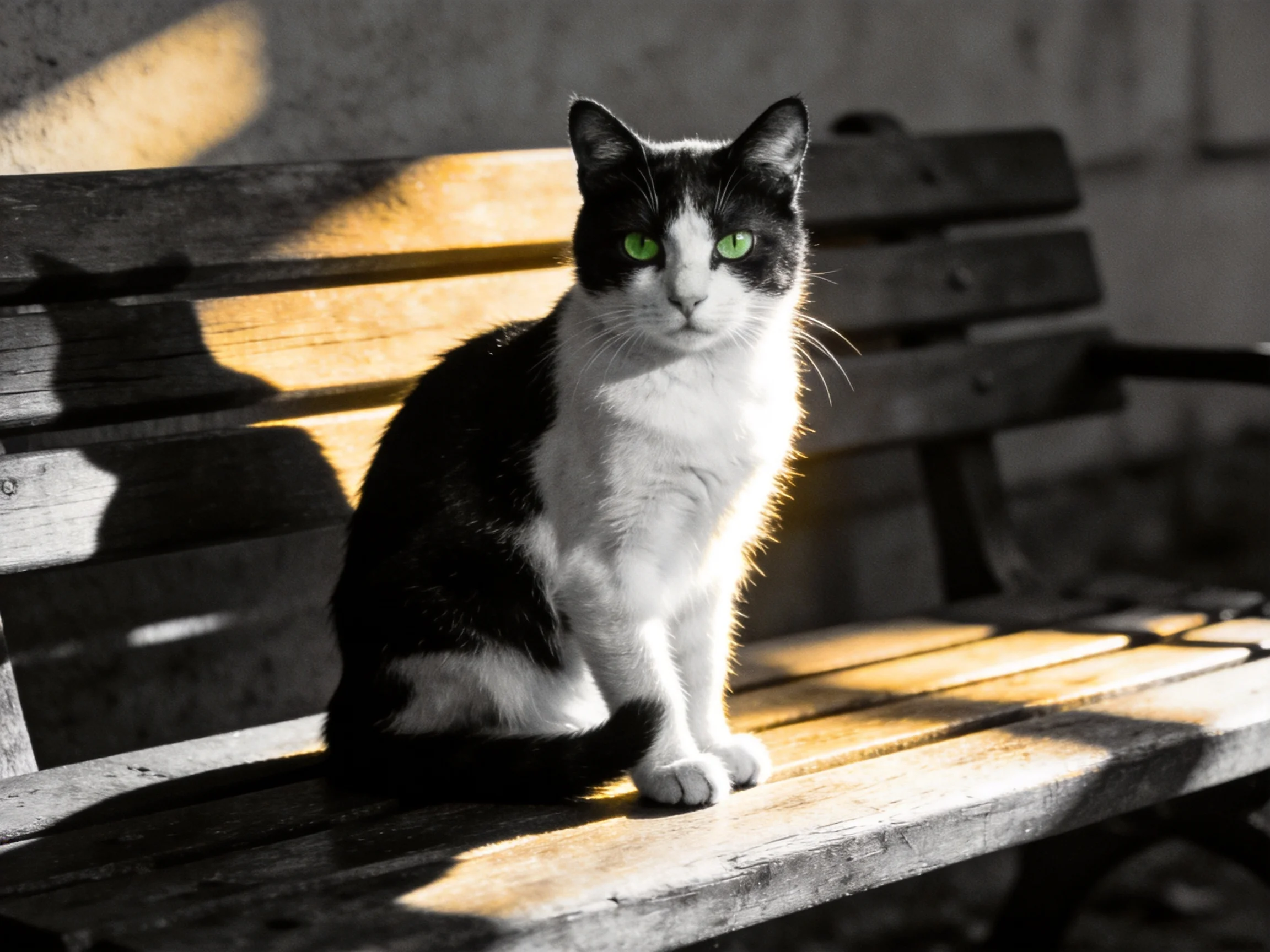 A black - and - white cat with green eyes sits on a wooden bench in sunlight.