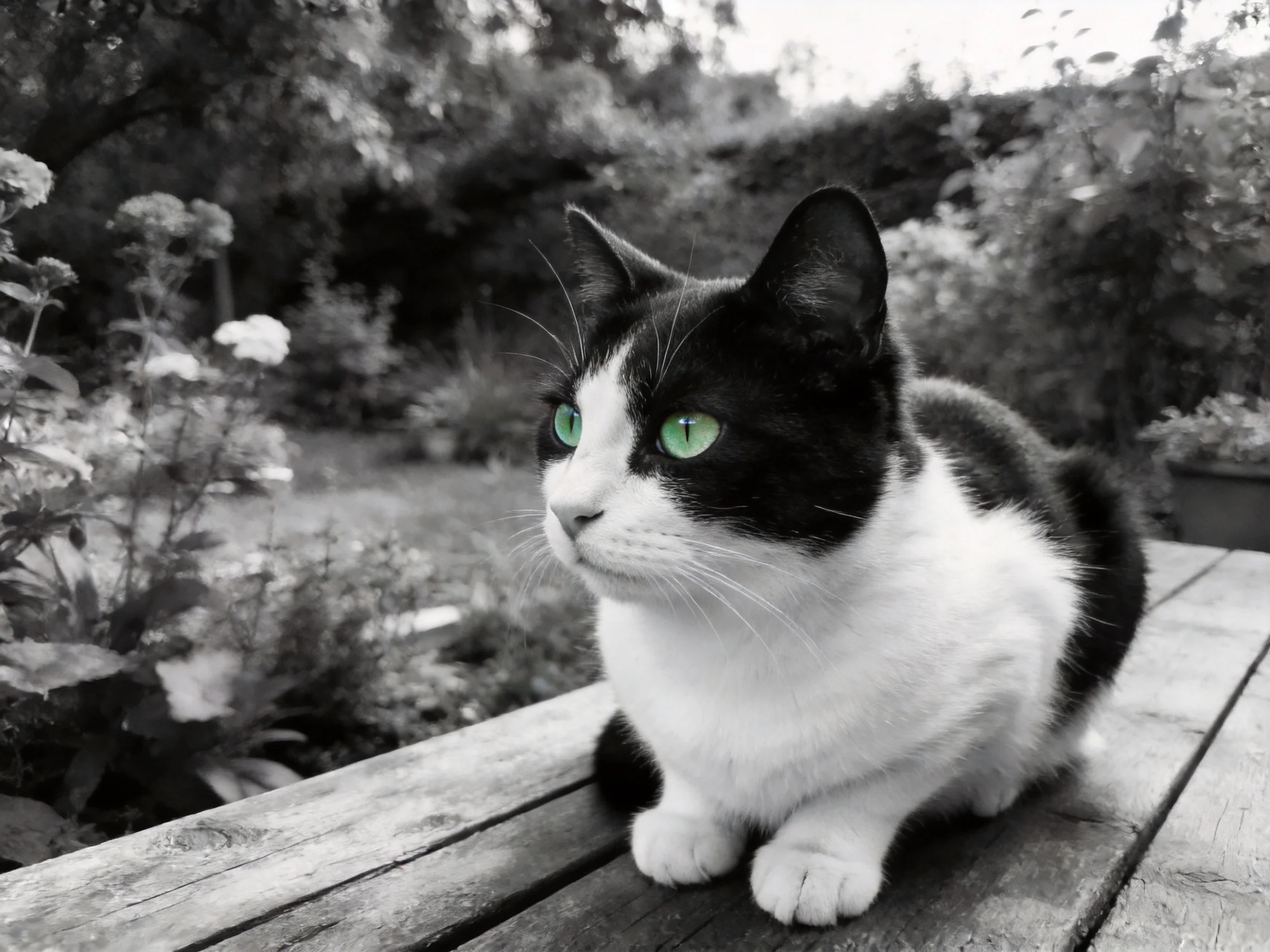 A black - and - white cat with green eyes rests on a wooden surface in a garden