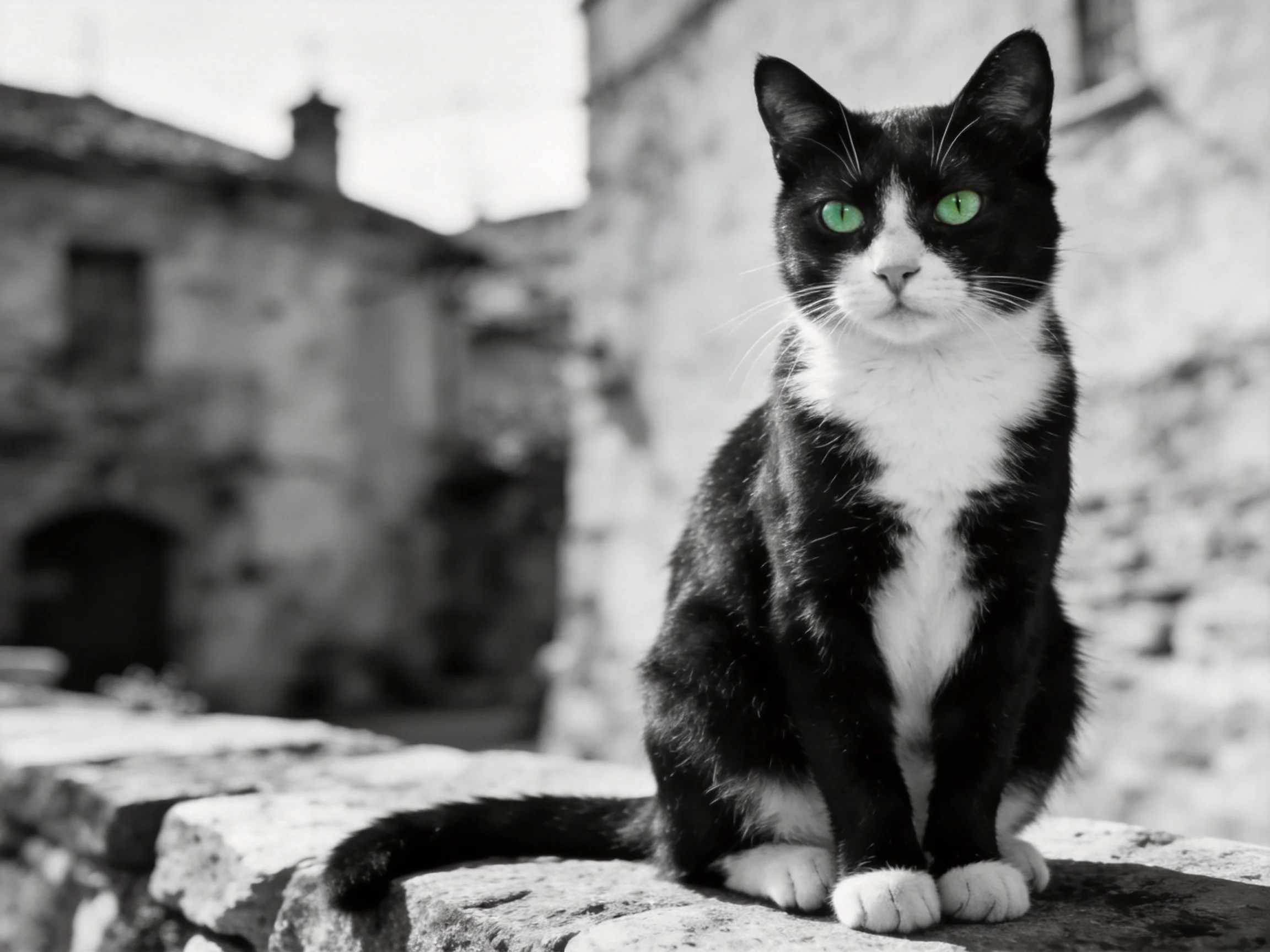 A black - and - white cat with green eyes sits on a