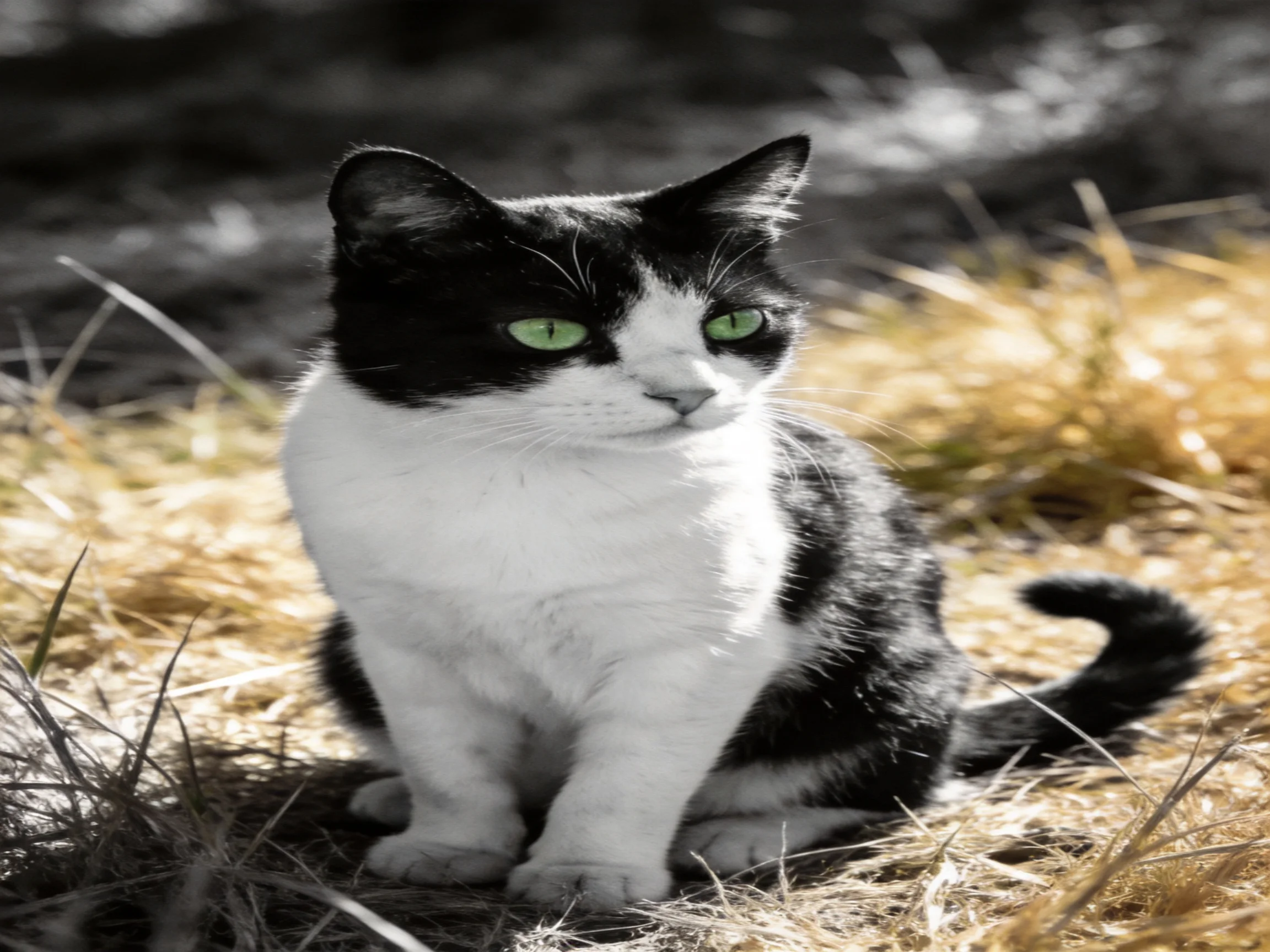 A black - and - white cat with green eyes sits on dry grass outdoors