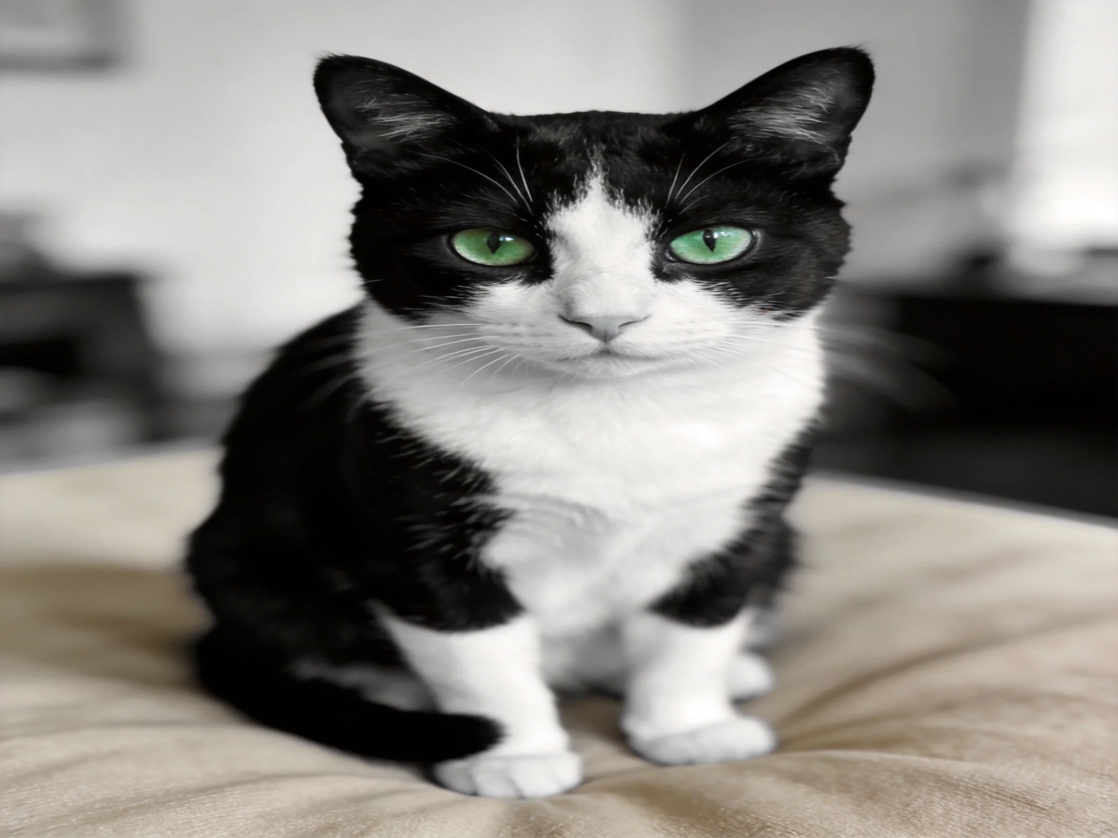 A black - and - white cat with green eyes rests on a soft surface.