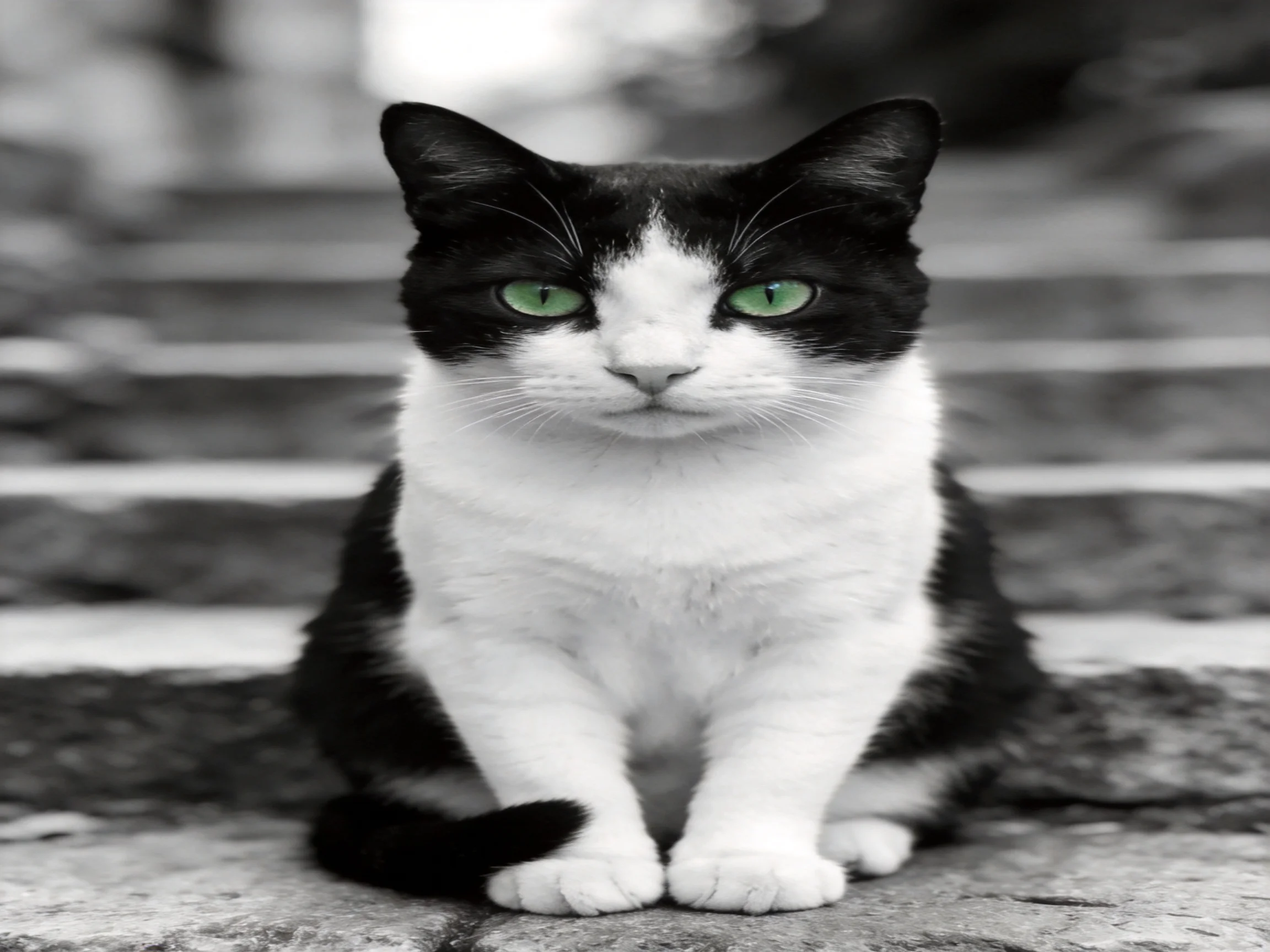 A black - and - white cat with green eyes sits on stone steps