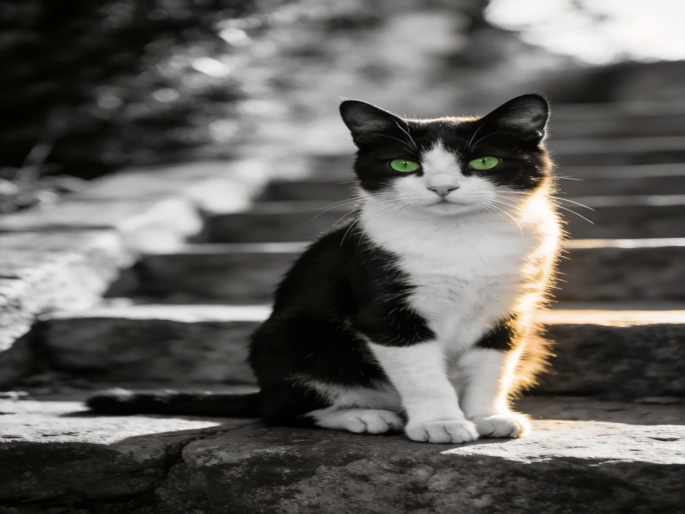 A black - and - white cat with green eyes sits on stone steps.