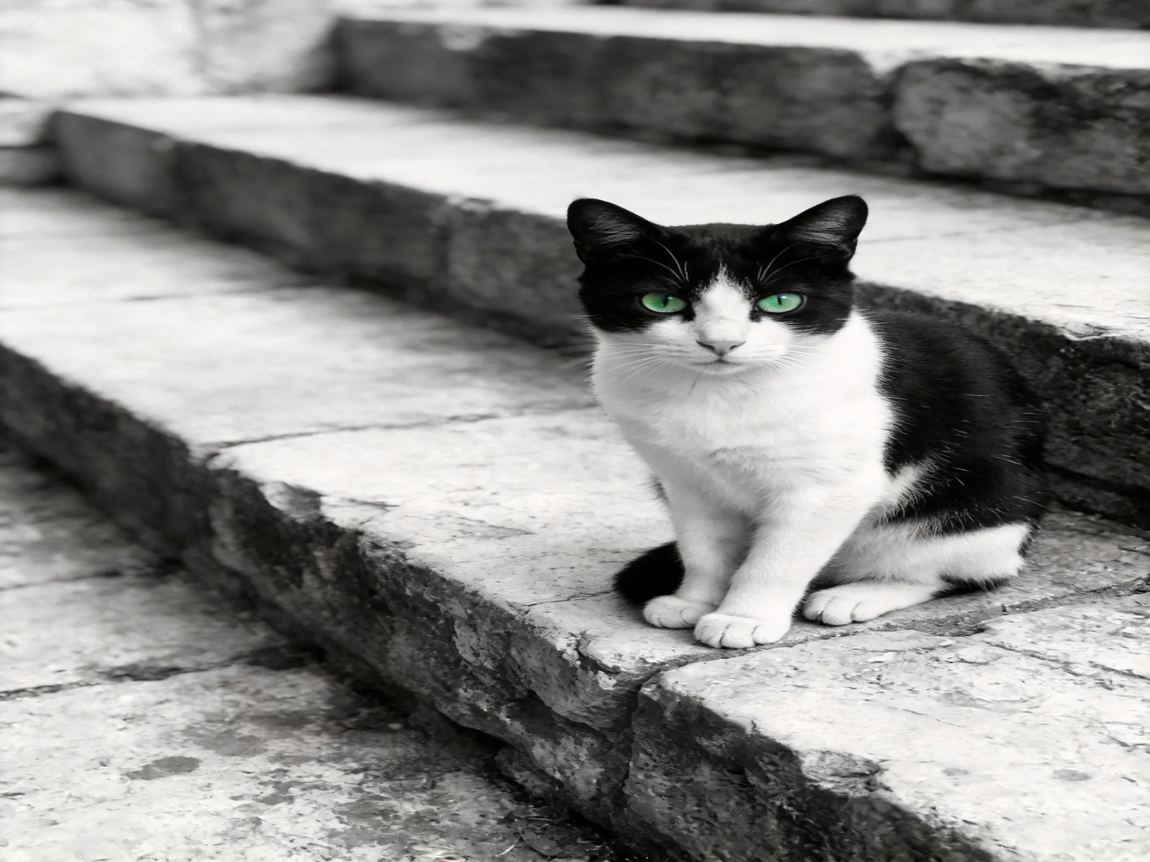A black - and - white cat with green eyes rests on aged stone steps.