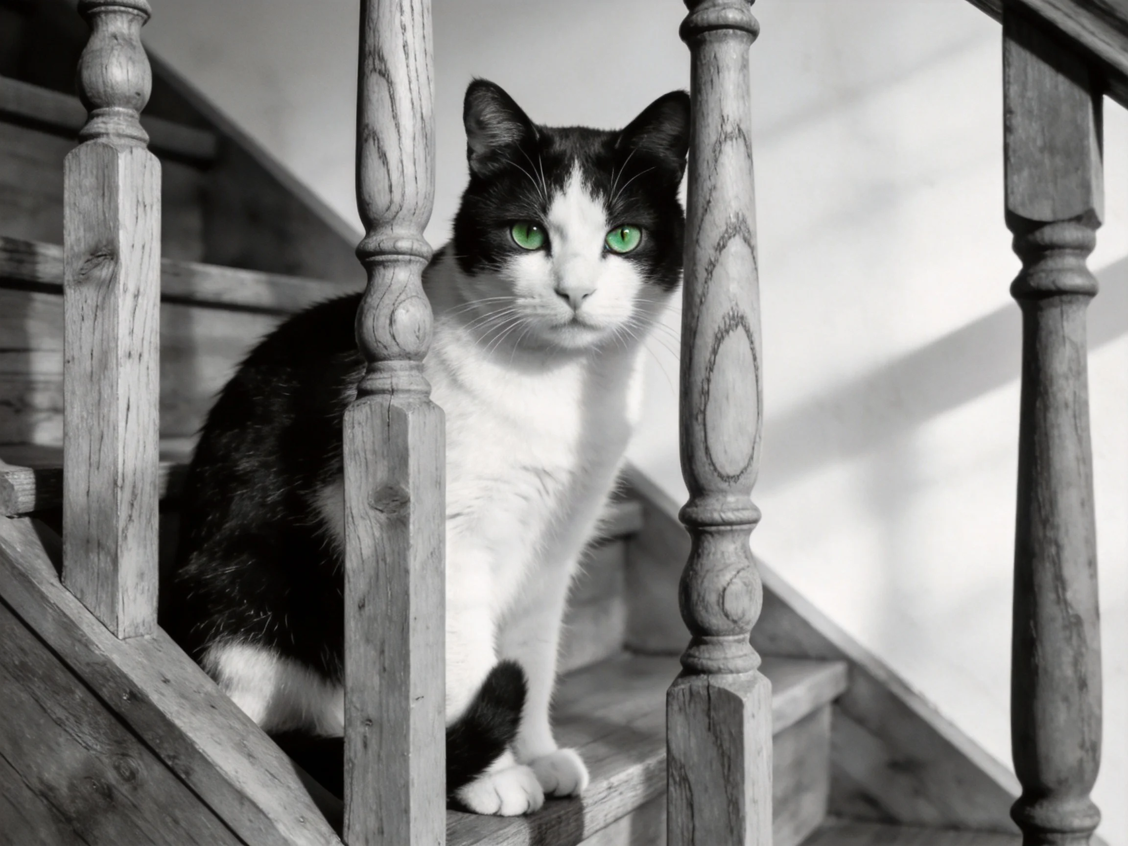 A black - and - white cat with green eyes sits on wooden stairs