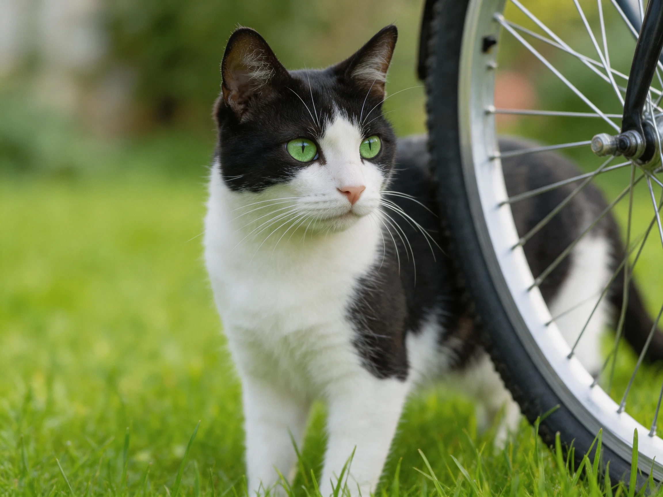 A black - and - white cat with green eyes is near a bicycle wheel on grass.