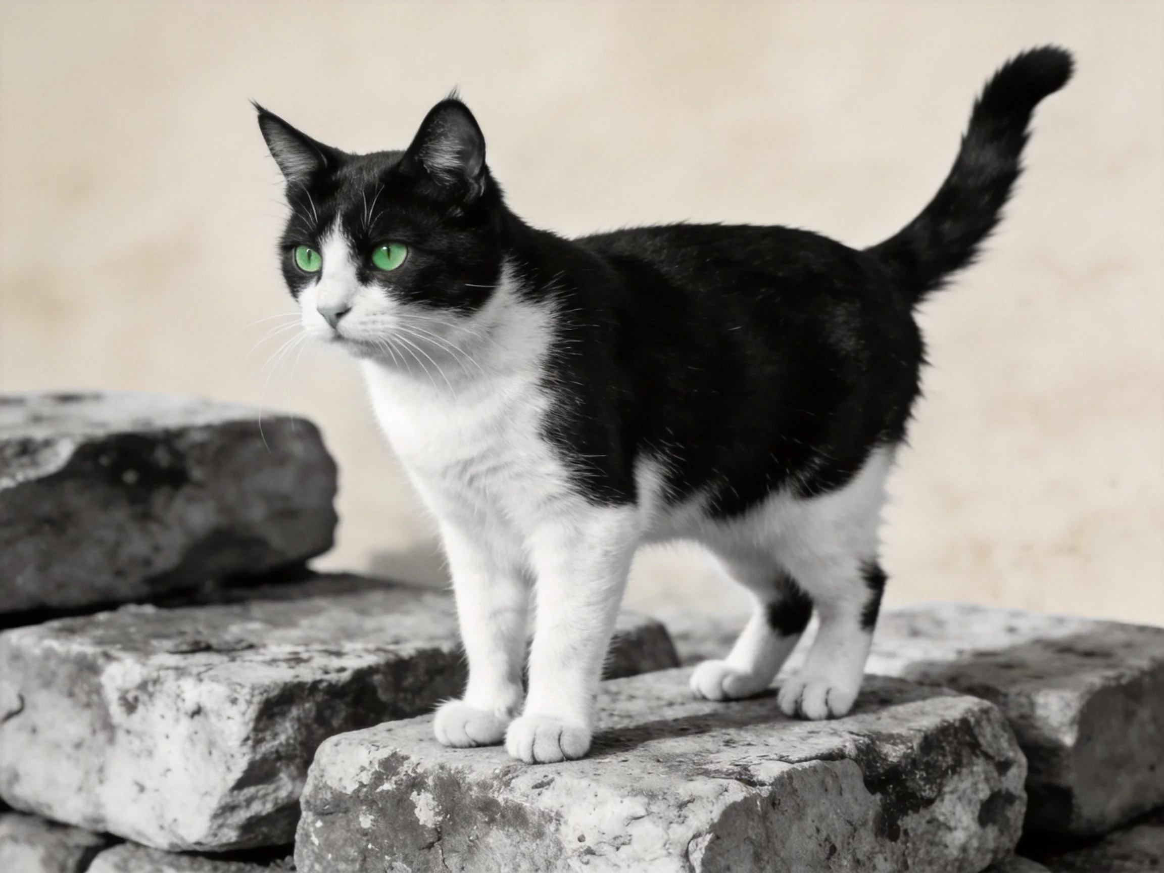 A black - and - white cat with green eyes stands on aged stone blocks