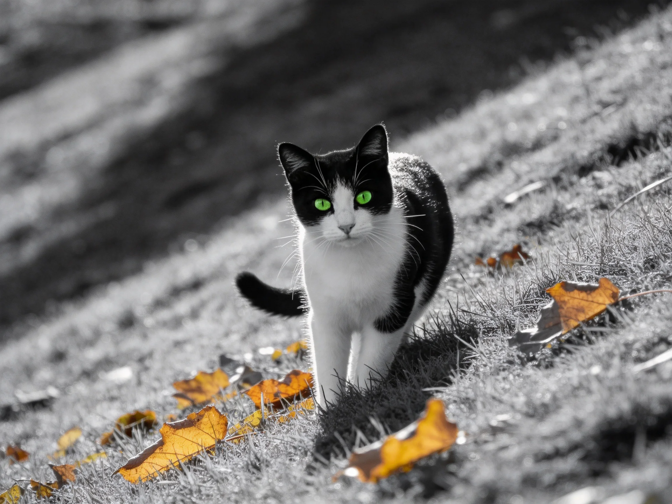 A black - and - white cat with green eyes moves near autumn leaves.