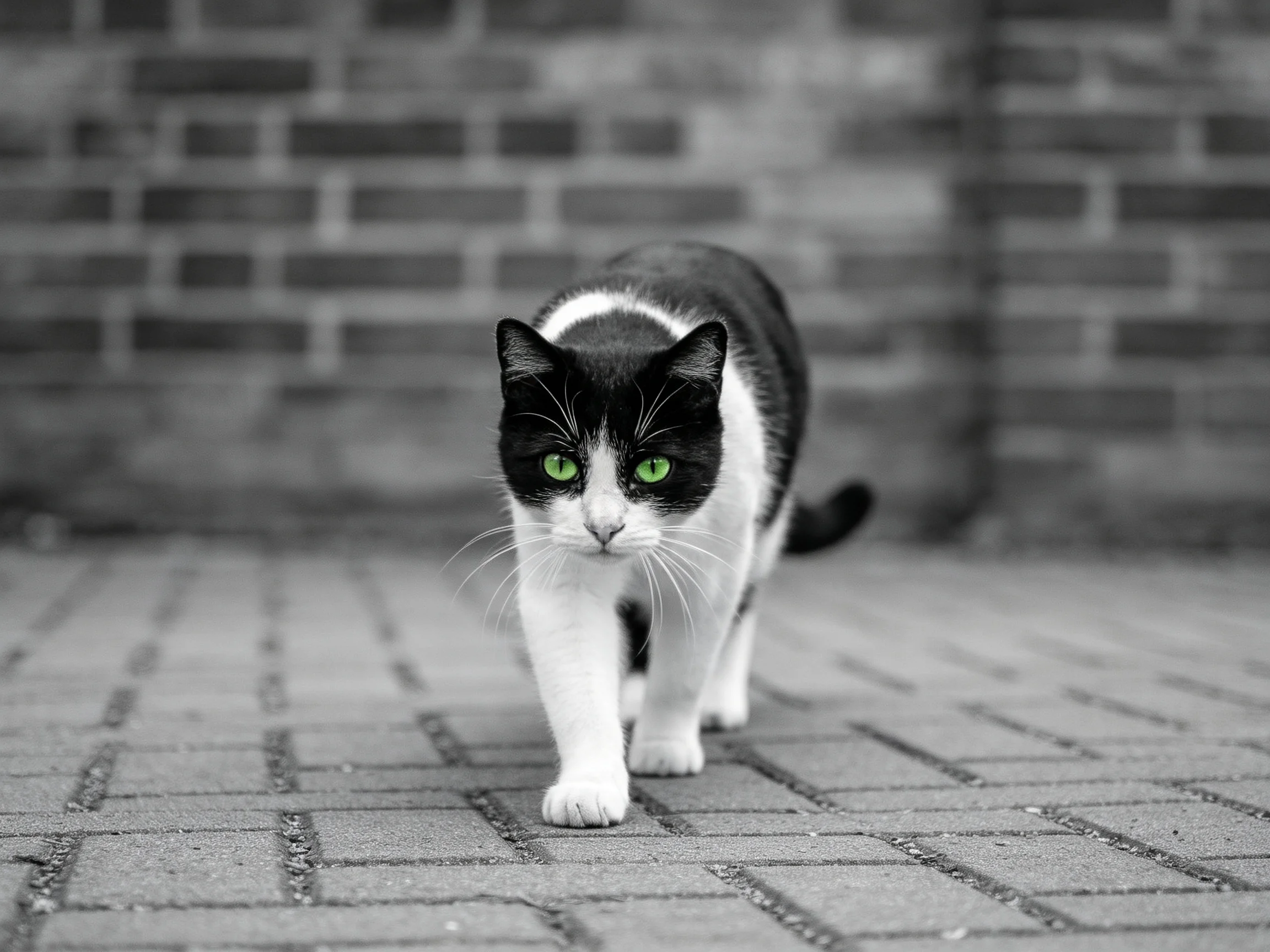 A black - and - white cat with bright green eyes walks on a paved area beside a brick wall.