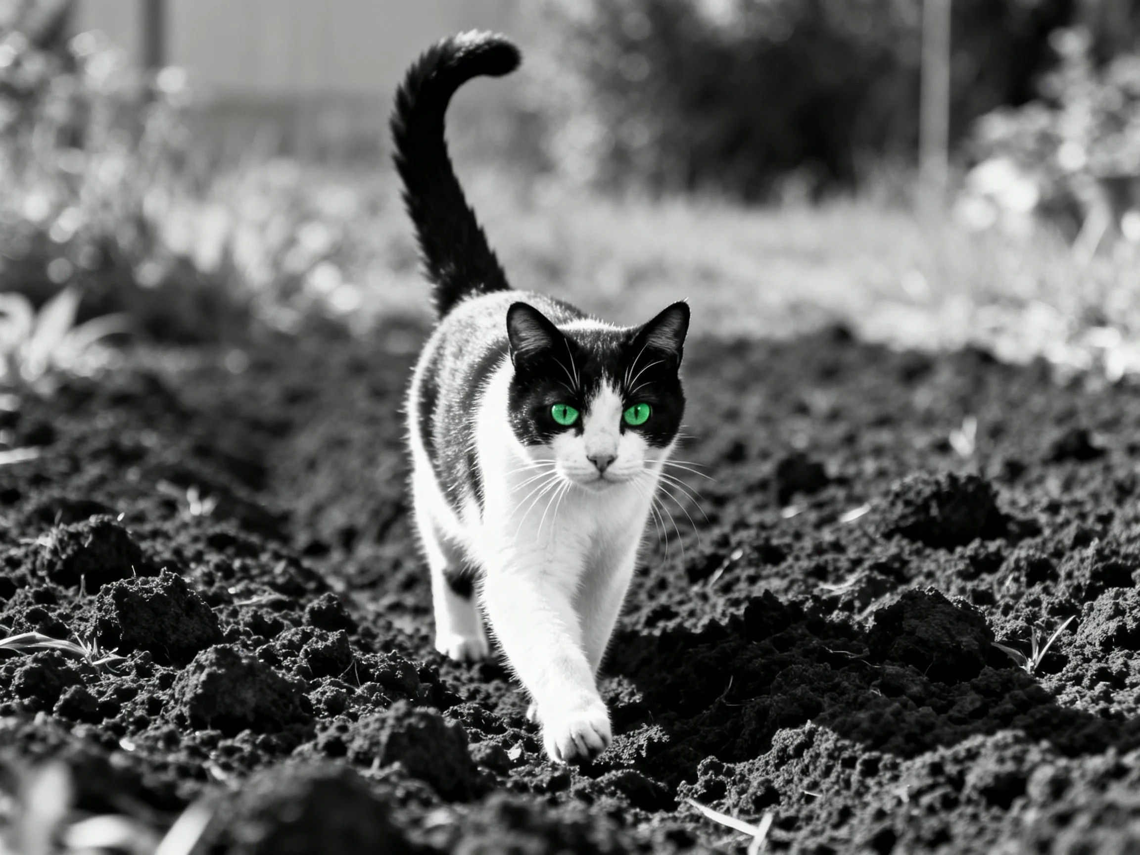 A black - and - white cat with green eyes moves through dark soil.