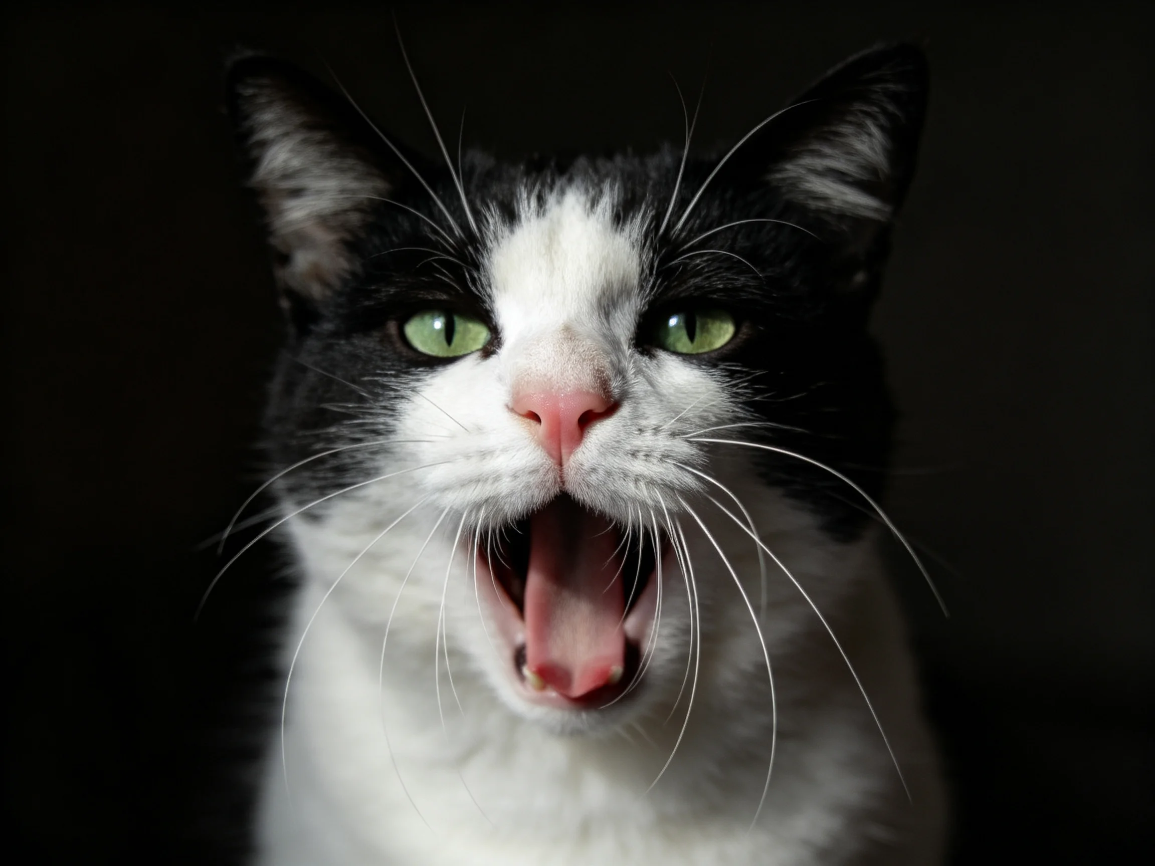 A black - and - white cat with green eyes yawns against a dark background.
