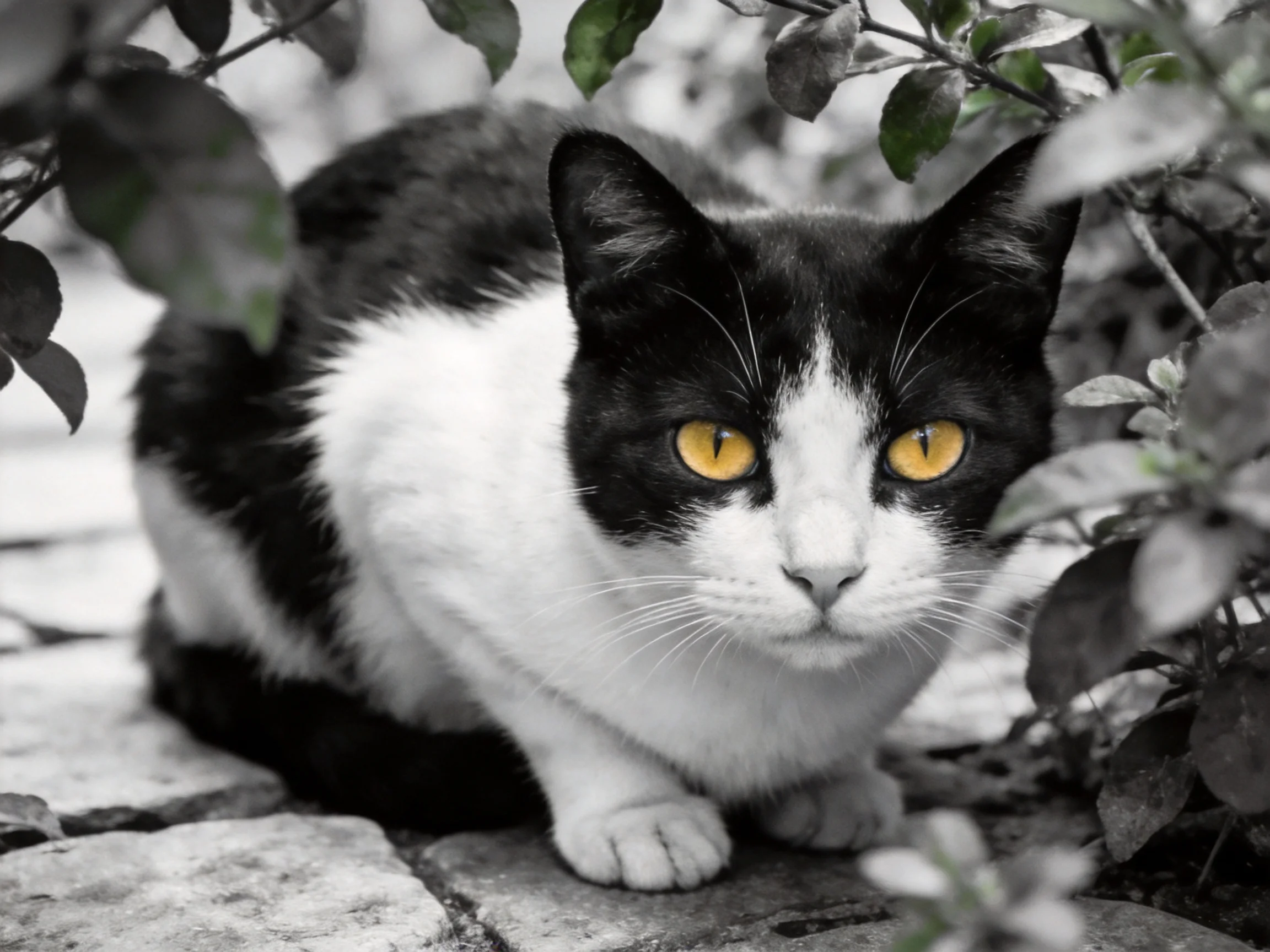 A black - and - white cat with bright yellow eyes is surrounded by leafy vegetation.