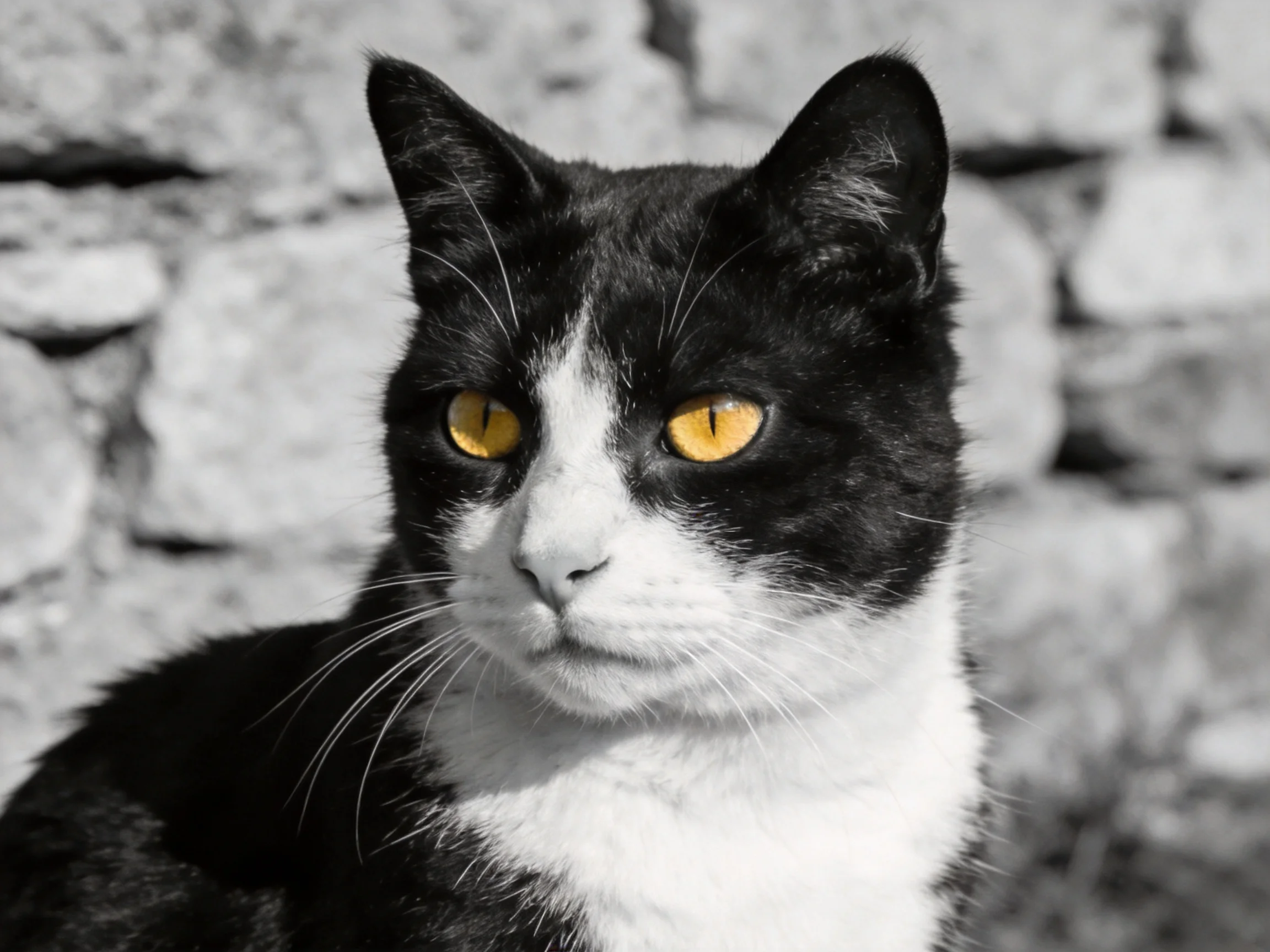 A black - and - white cat with striking yellow eyes sits before a stone wall.