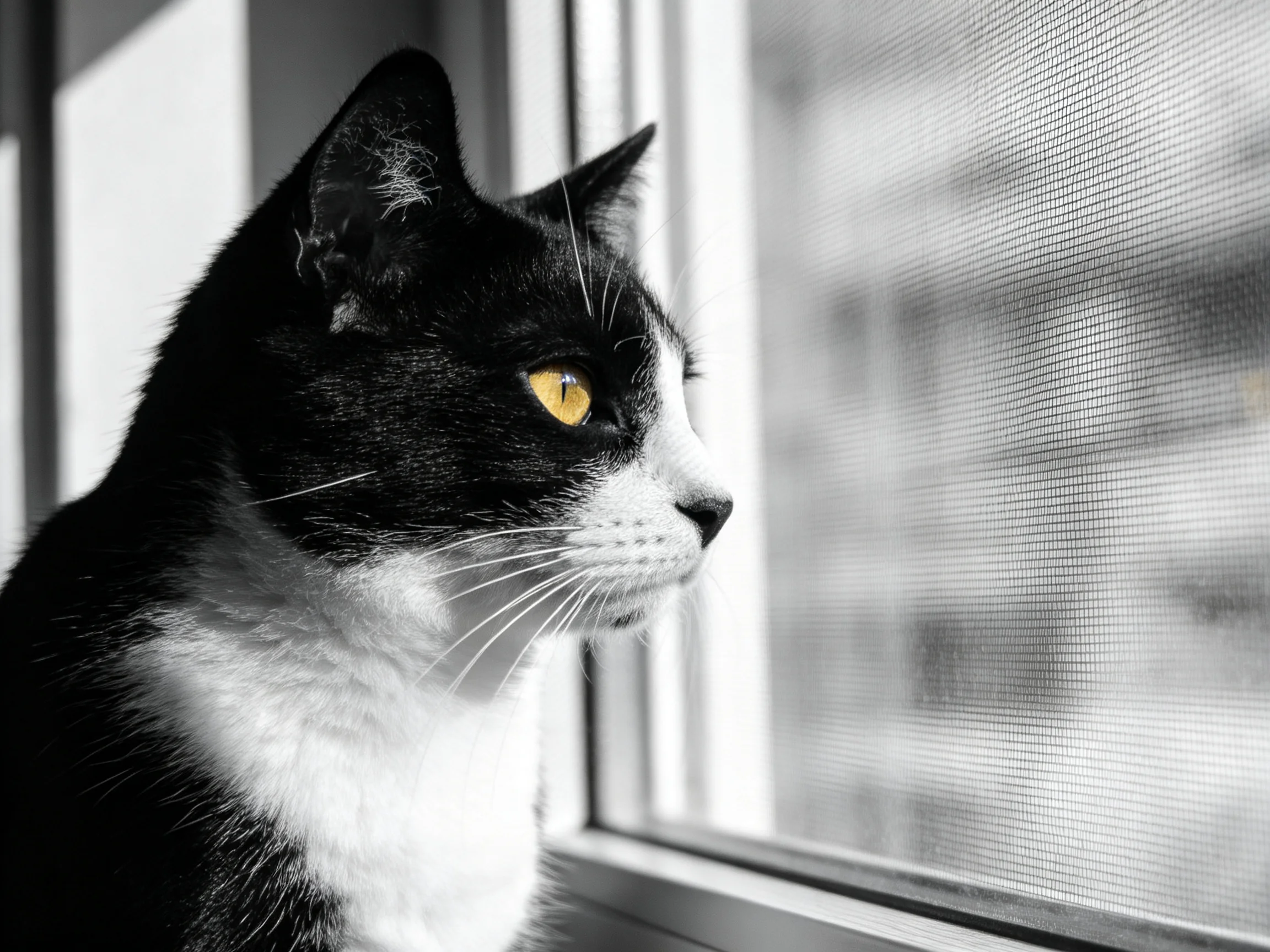 A black - and - white cat with bright yellow eyes looks out from a window with a mesh screen
