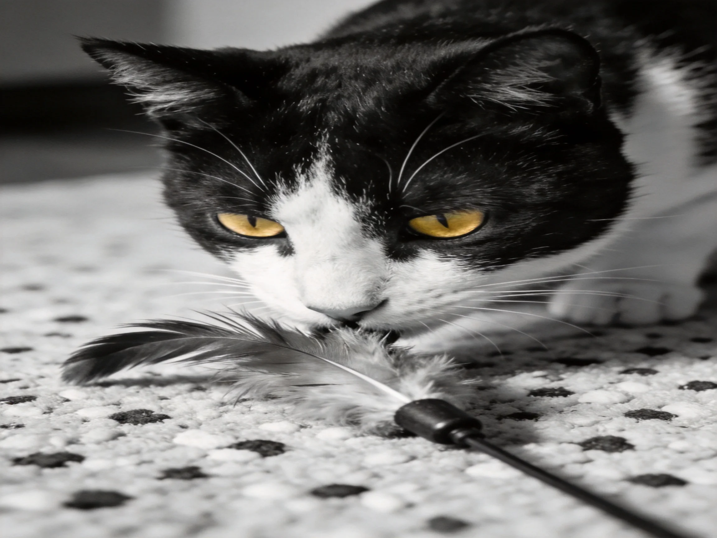 A black - and - white cat plays with a feather toy on a patterned carpet