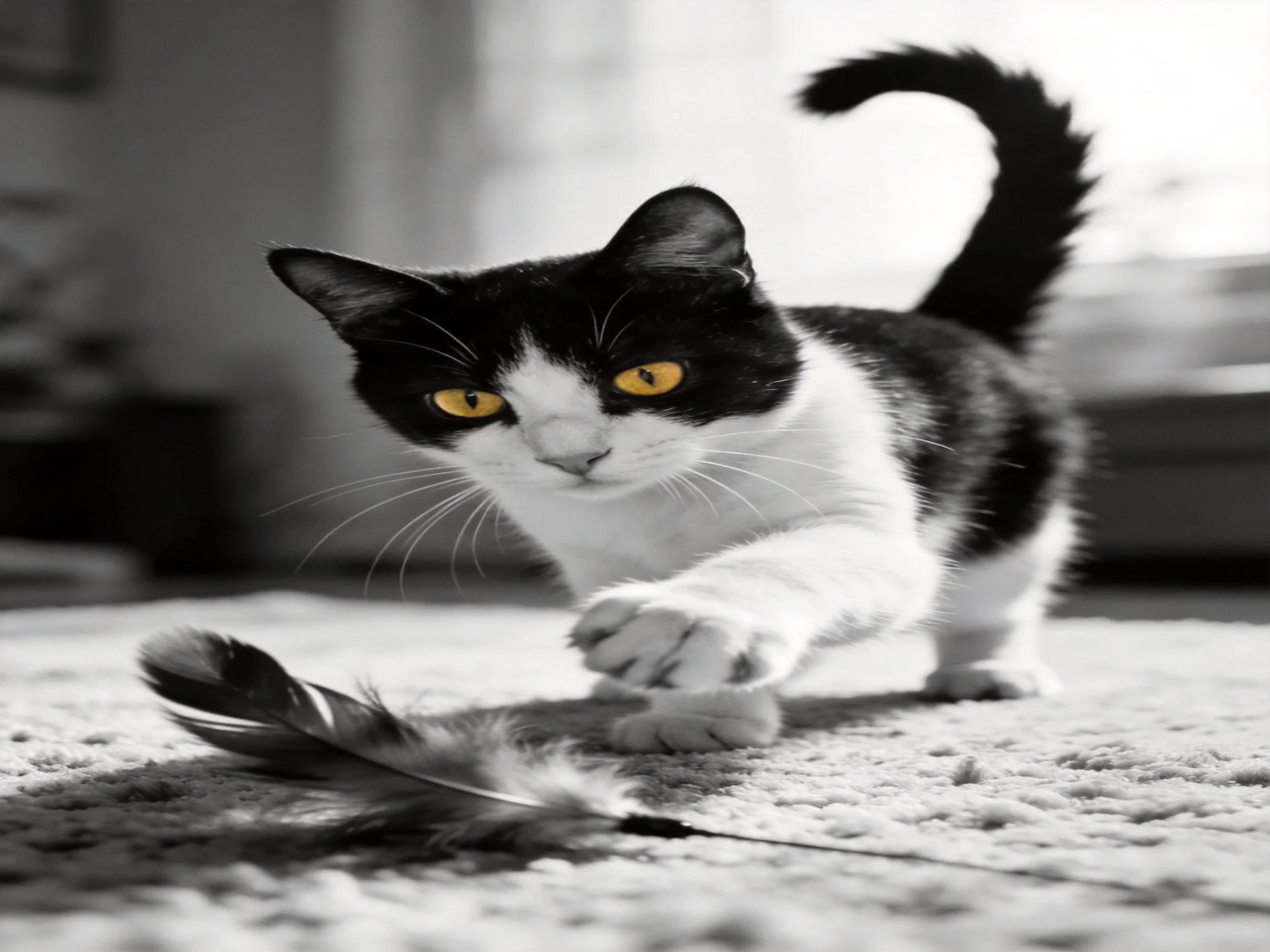 A black - and - white cat reaches toward a feather indoors.