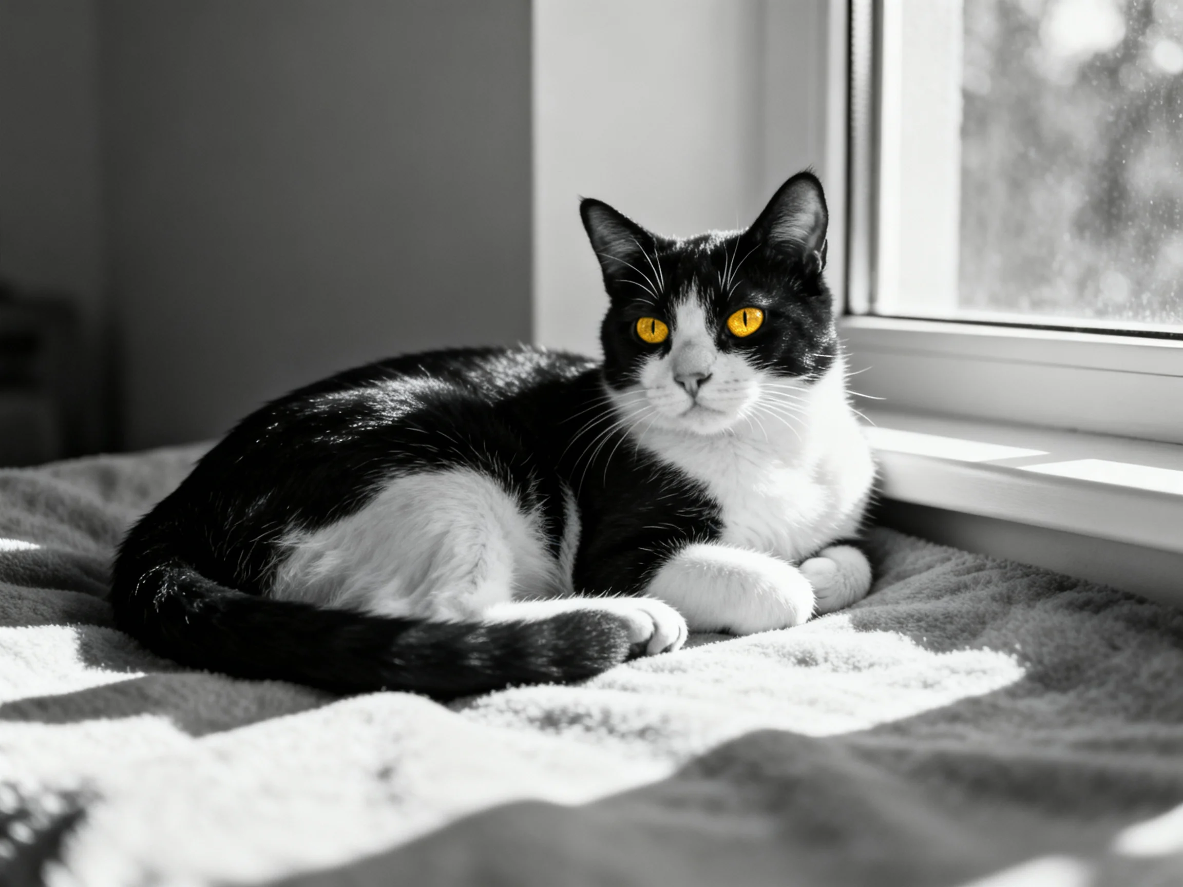 A black - and - white cat with bright yellow eyes relaxes by a sunlit window.
