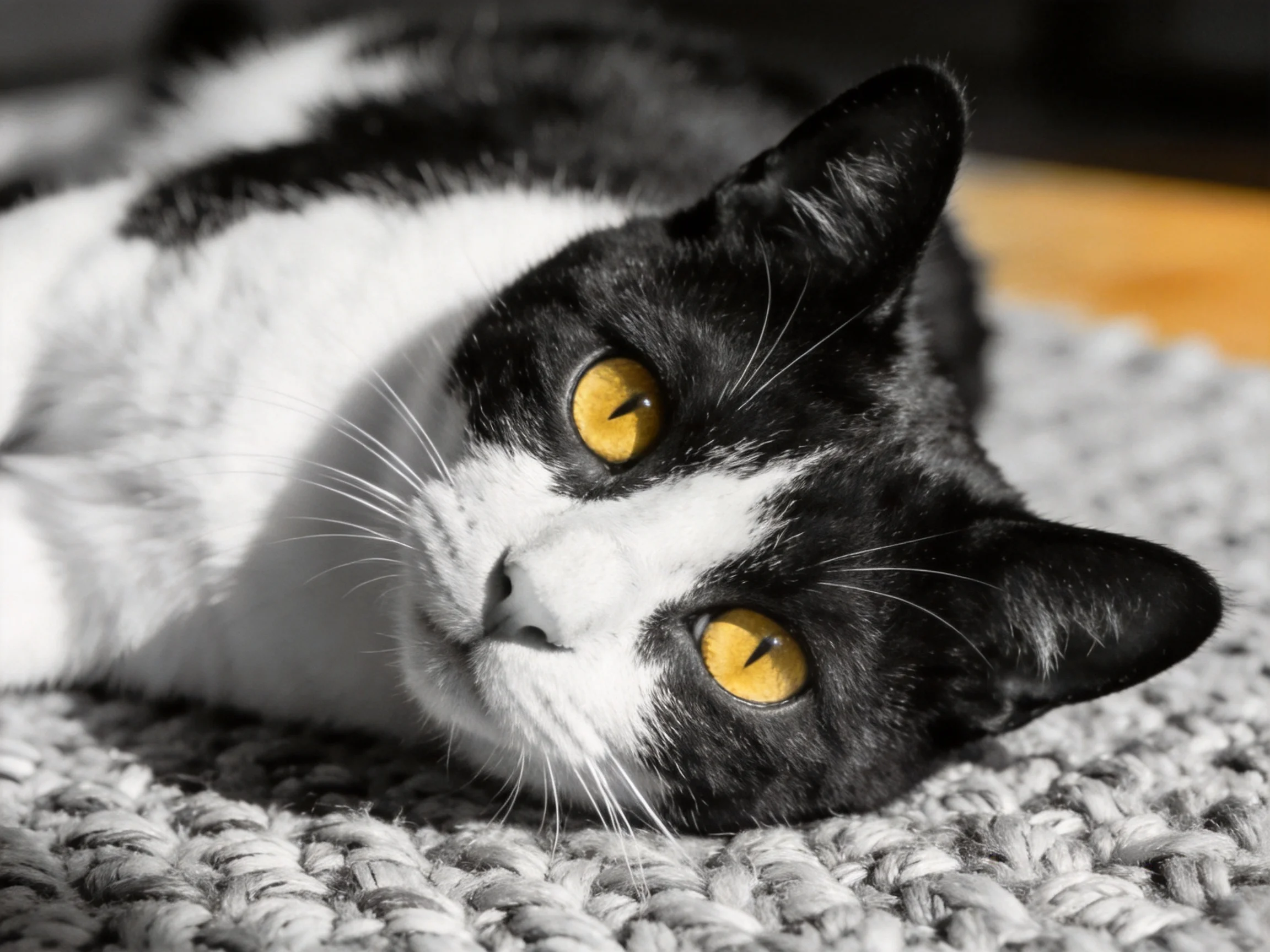 A black - and - white cat with yellow eyes lies on a textured rug