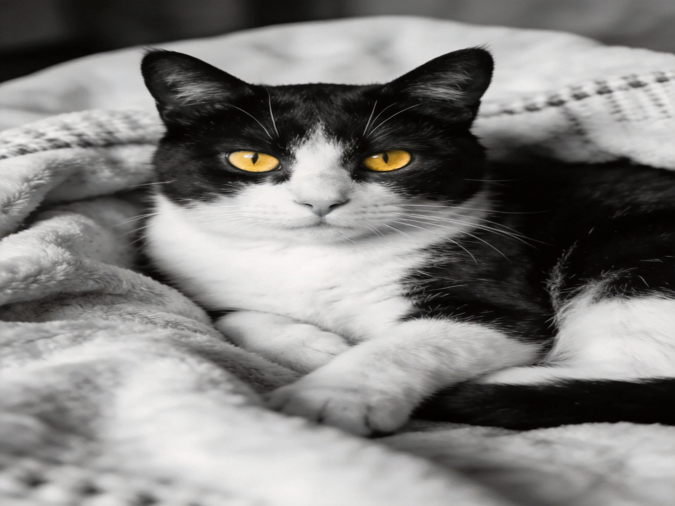 A black - and - white cat with bright yellow eyes relaxes on a soft blanket