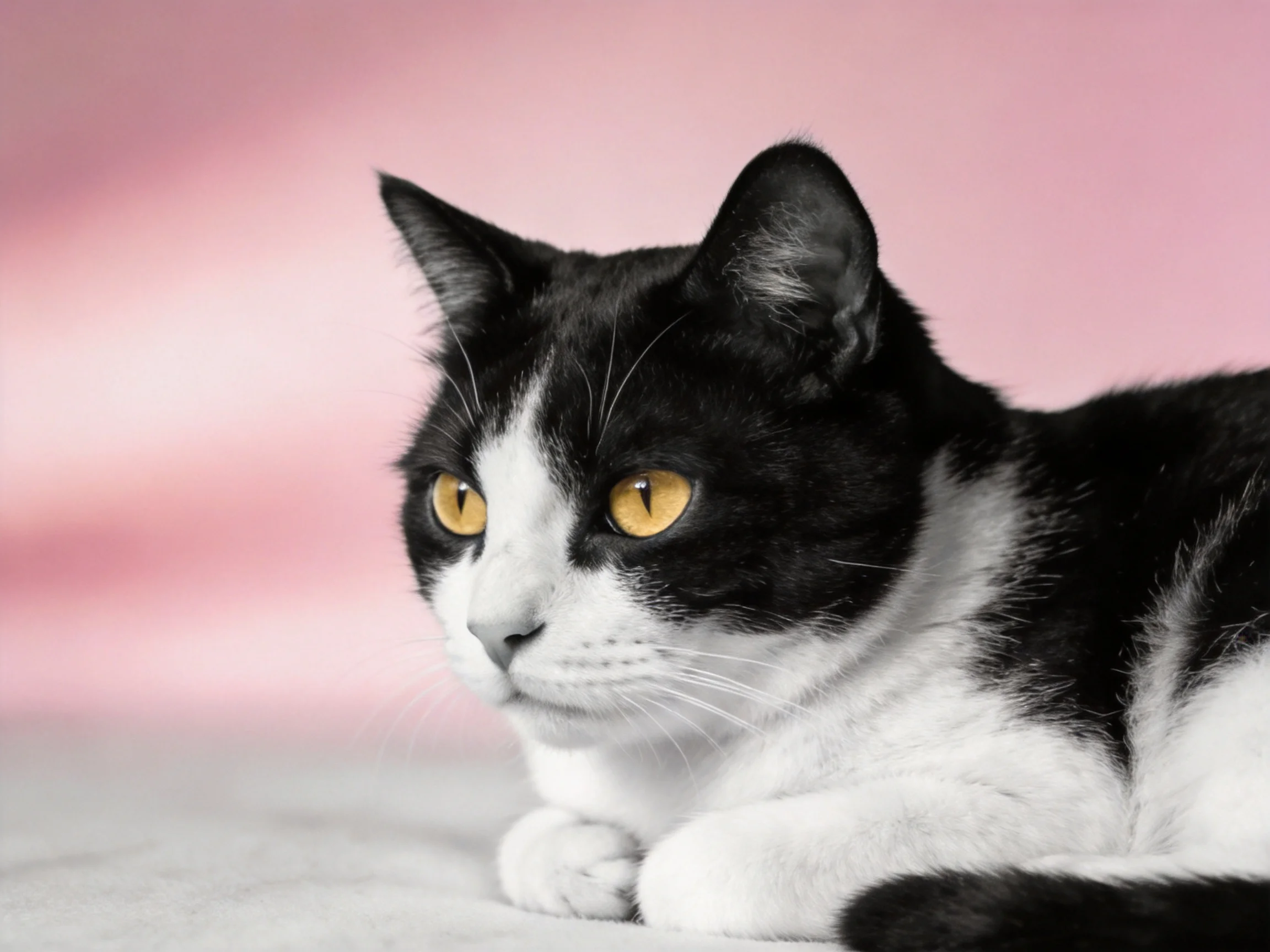 A black - and - white cat with bright yellow eyes rests near a pink background.