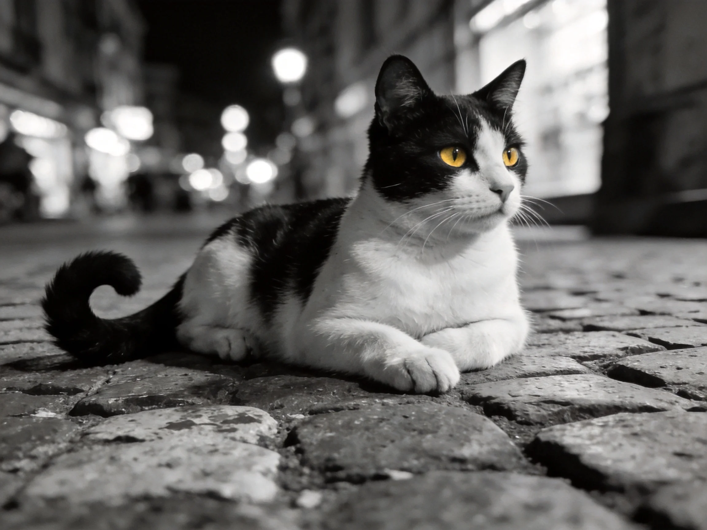 A black - and - white cat with vivid yellow eyes relaxes on an aged cobblestone street.