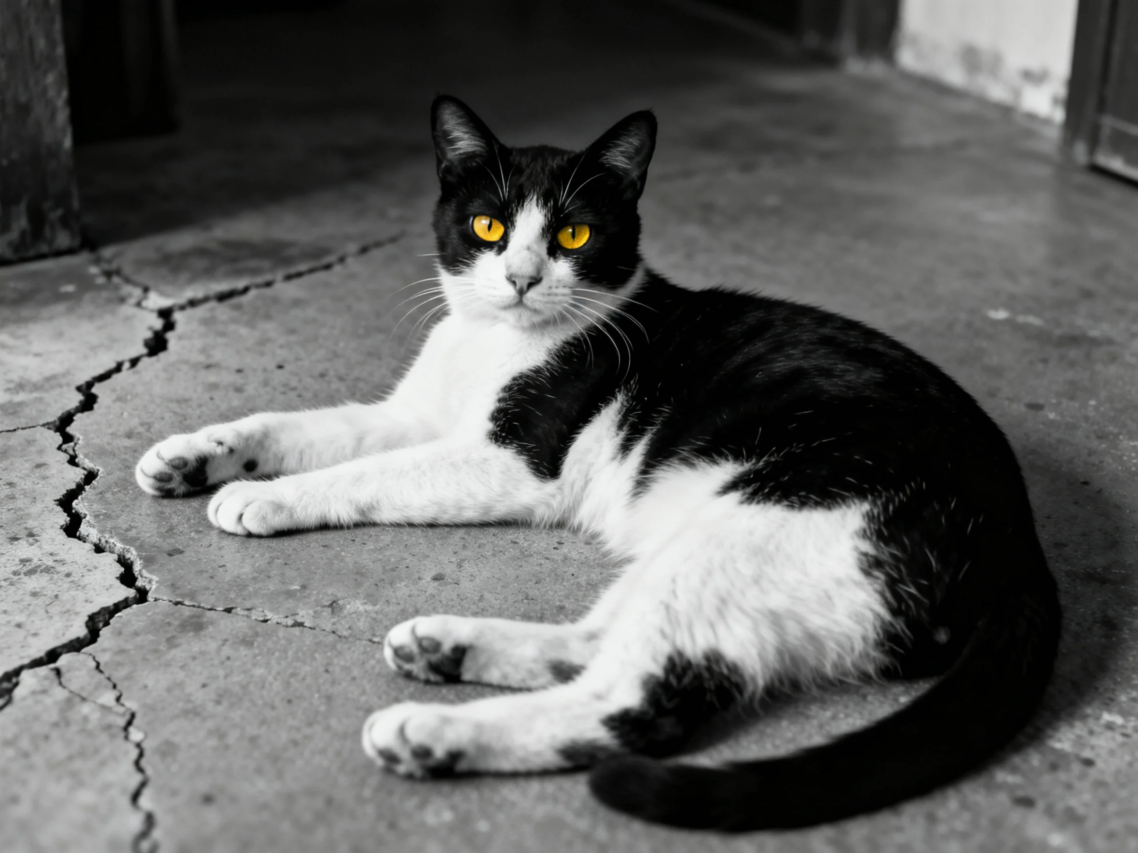 A black - and - white cat with vivid yellow eyes reclines on cracked concrete.