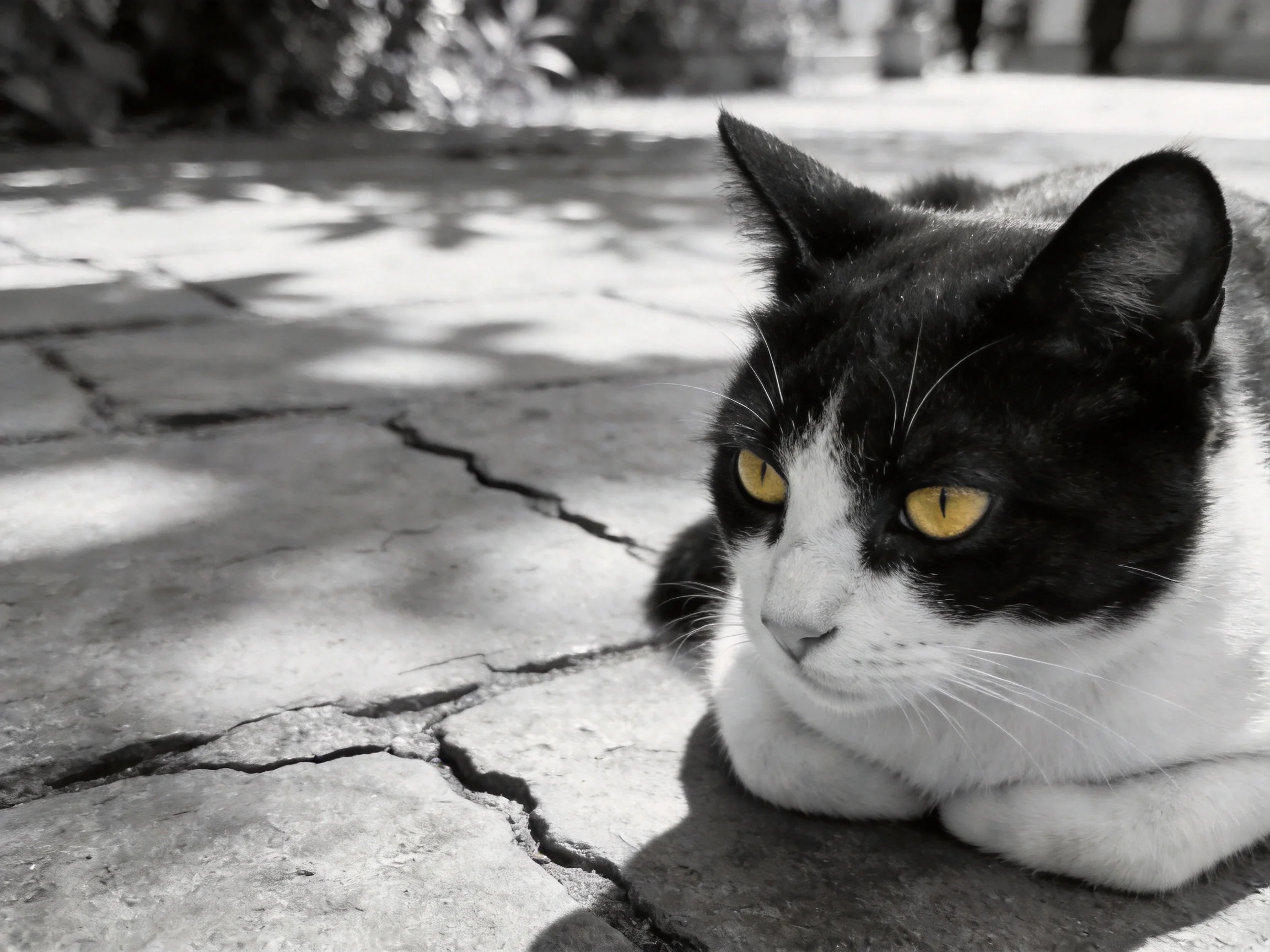 A black - and - white cat with vivid yellow eyes lies on cracked stone pavement outside