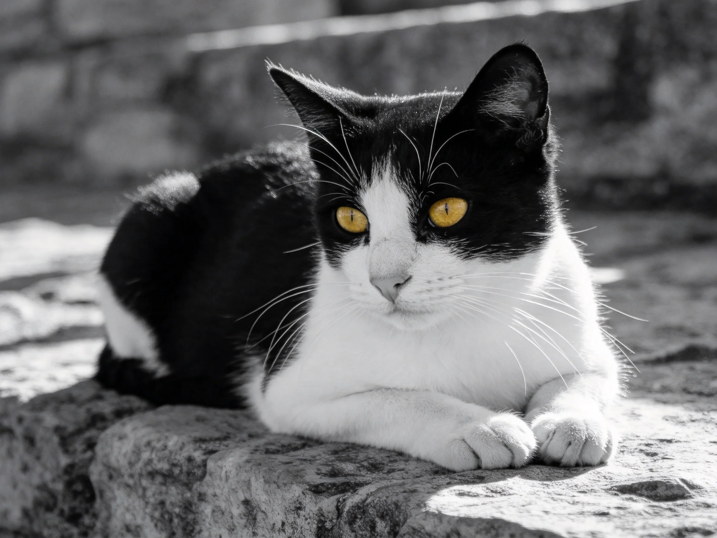 A black - and - white cat with striking yellow eyes lies on stone steps.