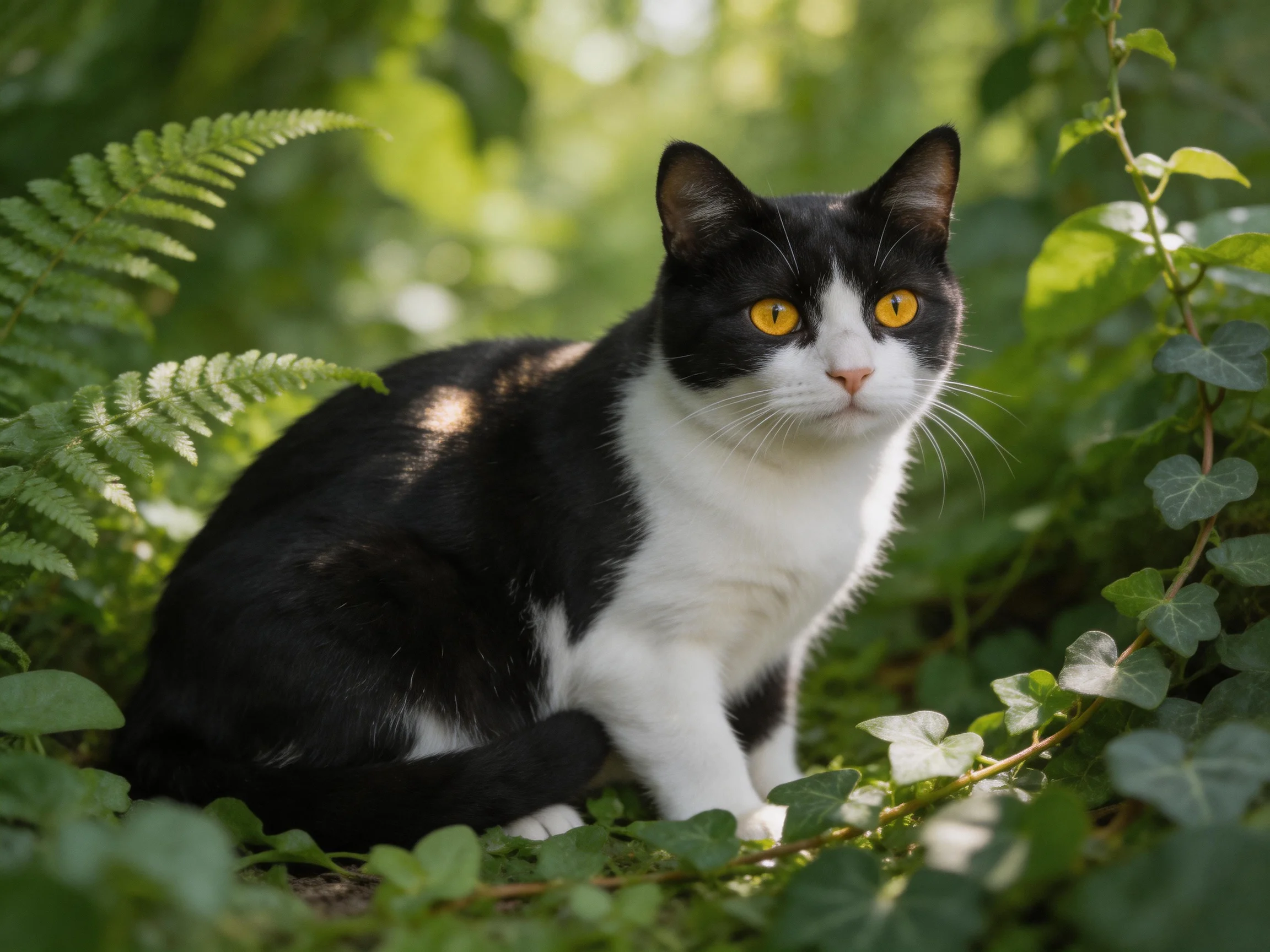 A black - and - white cat with yellow eyes rests among dense green plants.
