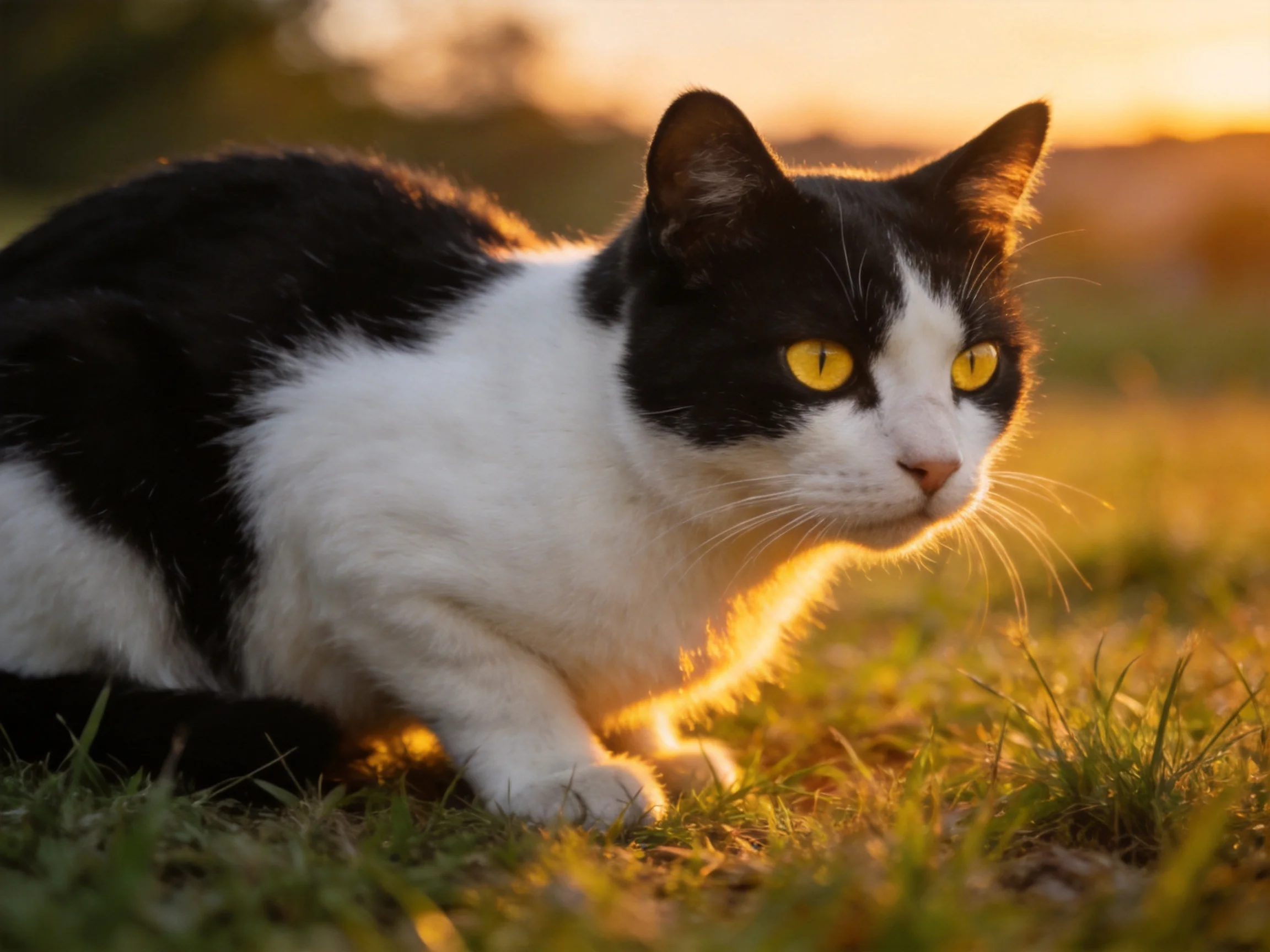 A black - and - white cat with yellow eyes is on sunlit grass