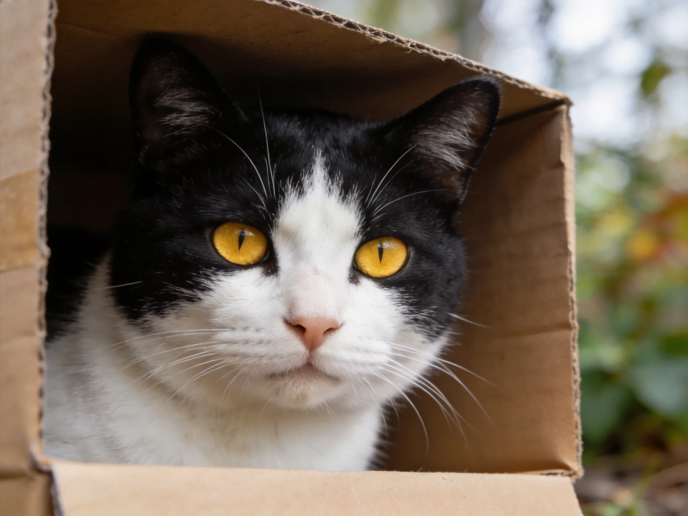 A black - and - white cat with yellow eyes is inside a cardboard box outdoors.