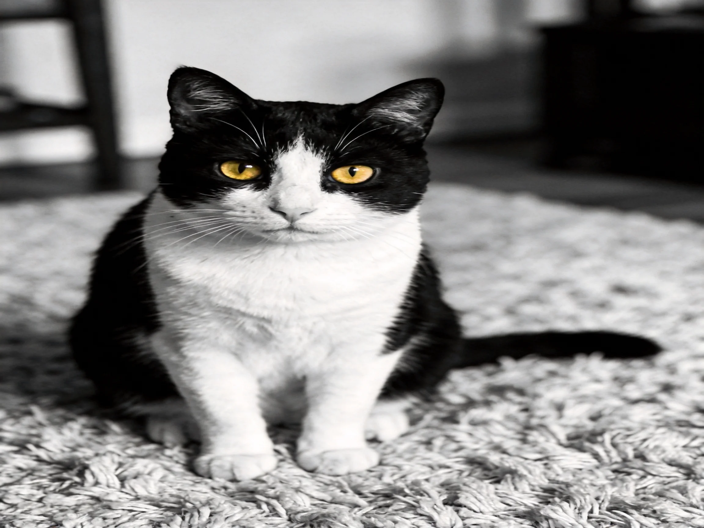 Black - and - white cat with yellow eyes sits on a rug