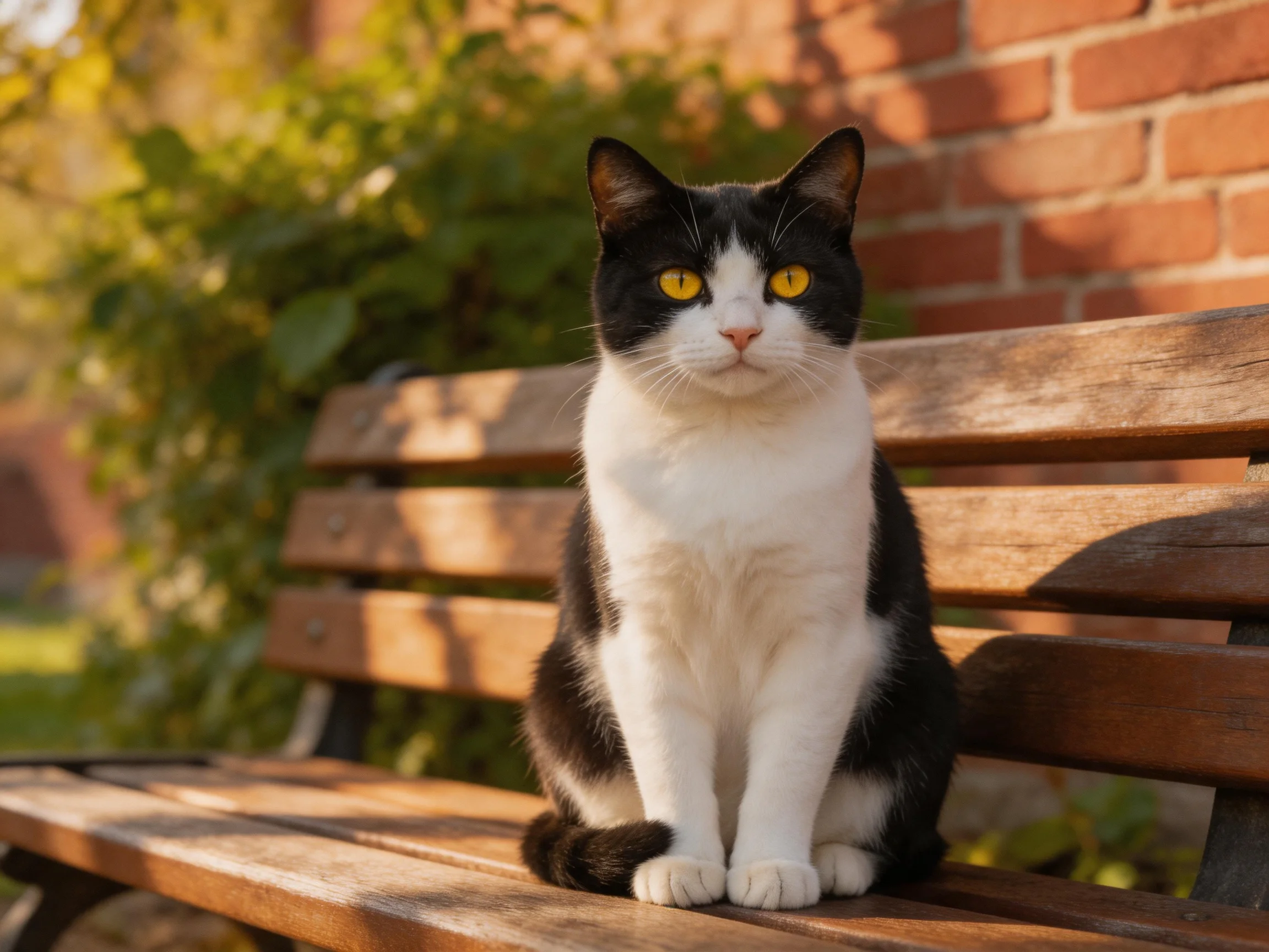 A black - and - white cat with bright yellow eyes sits on a wooden bench near a brick wall