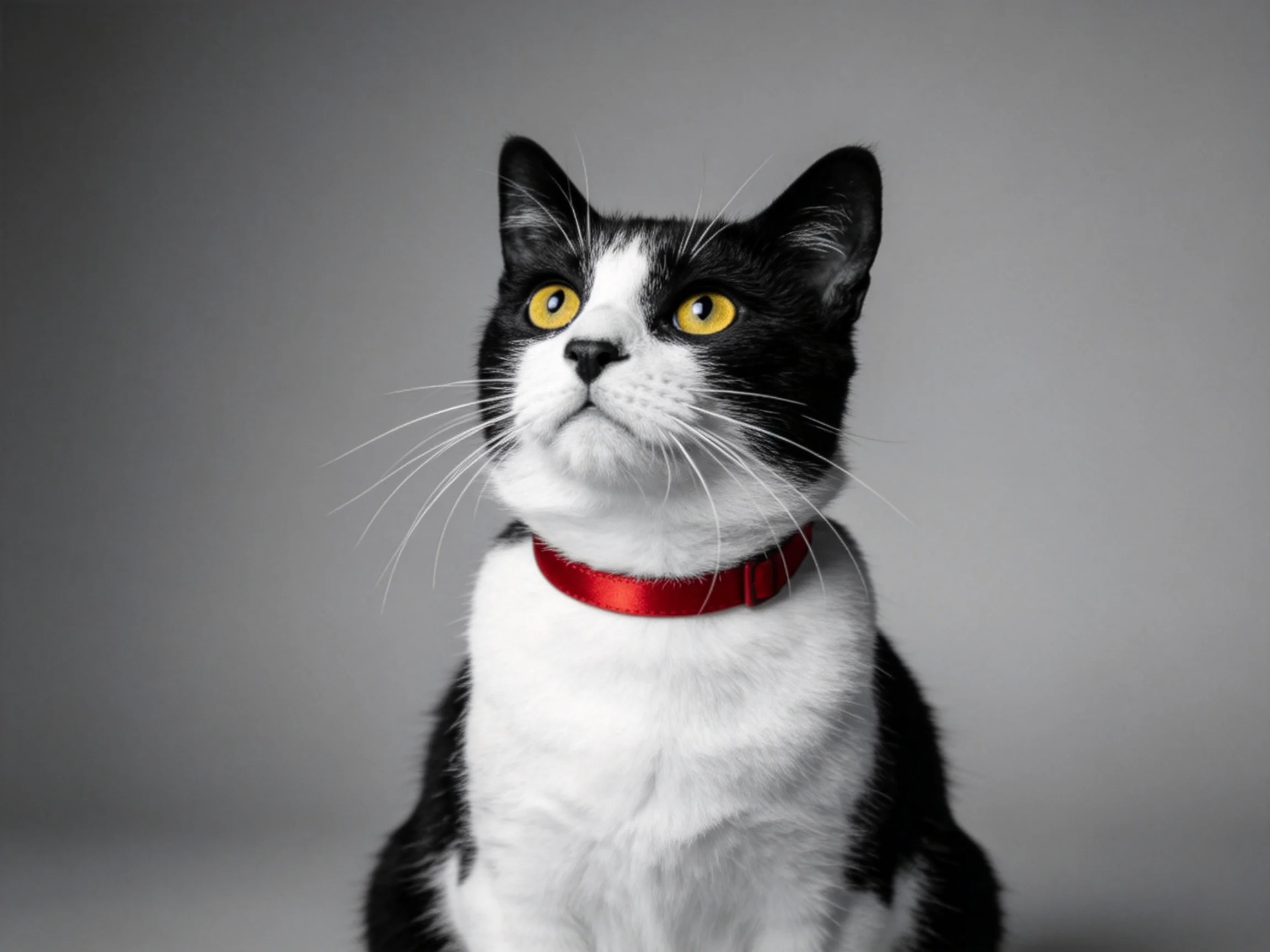 A black - and - white cat with a red collar gazes upward on a gray backdrop.